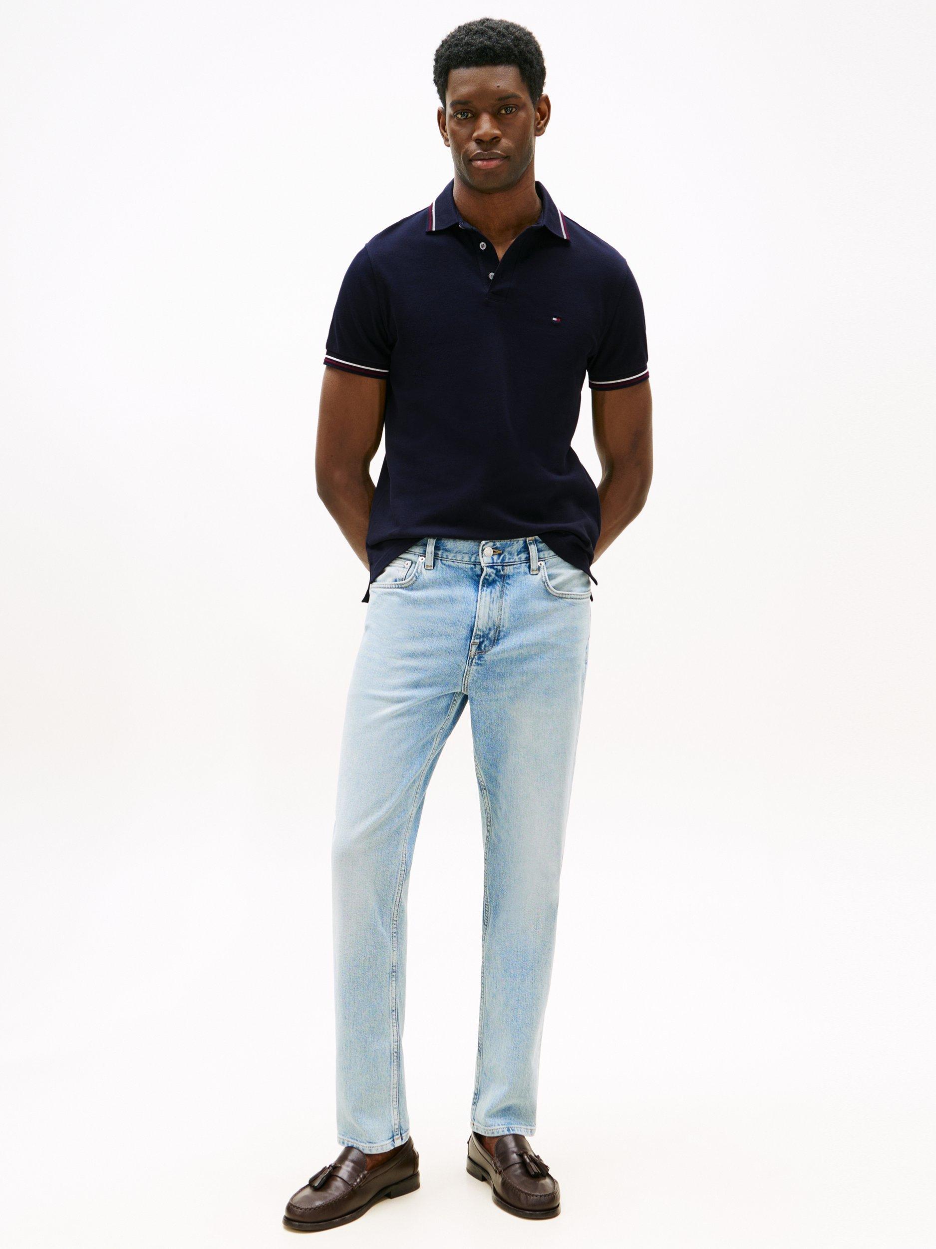 Product image 3 of 5, which shows Tommy Hilfiger Cotton Blend Slim Fit Short Sleeve Tipped Polo Shirt, Navy, XS