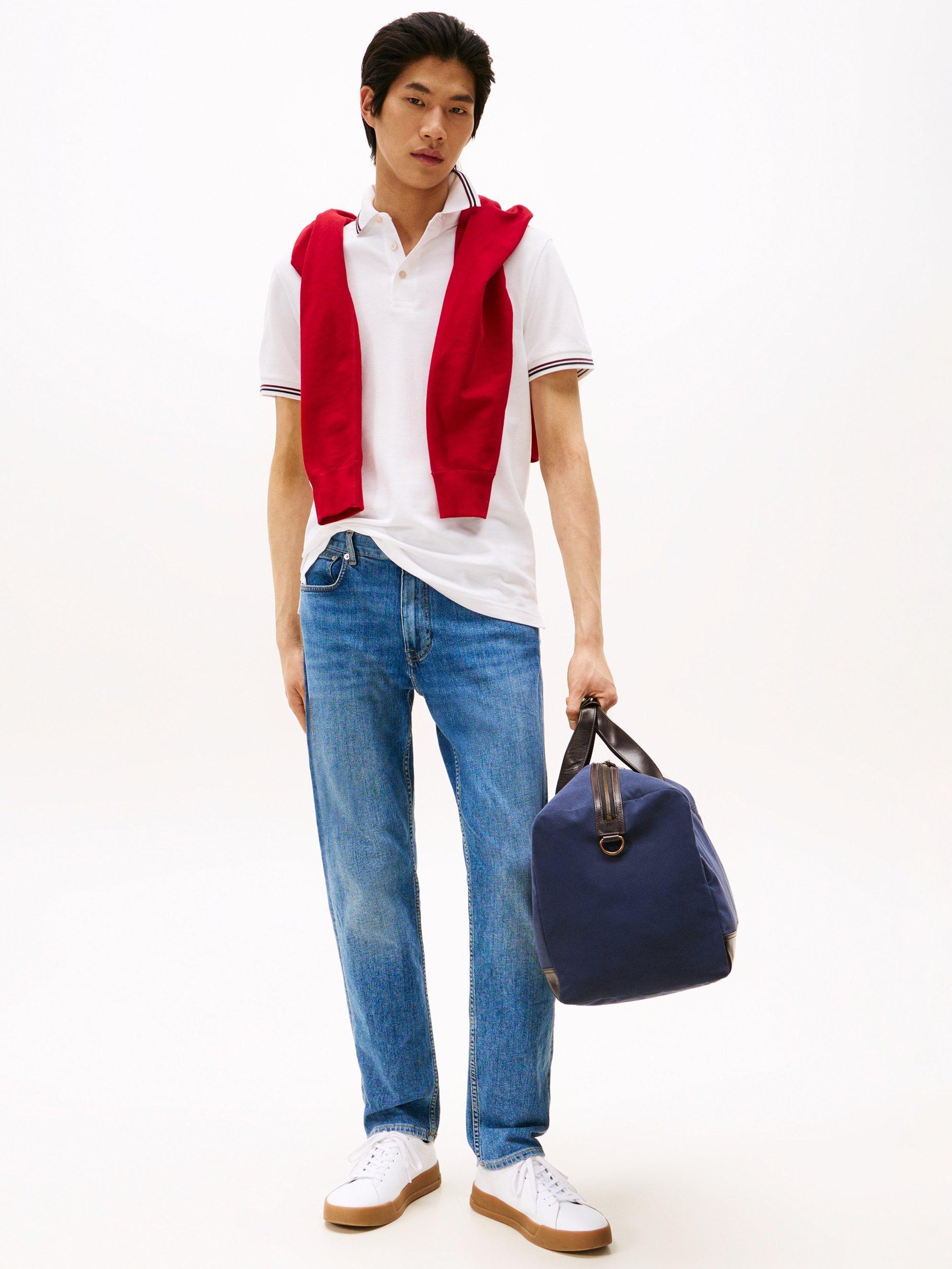 Product image 3 of 5, which shows Tommy Hilfiger Cotton Blend Slim Fit Short Sleeve Tipped Polo Shirt, White, XS