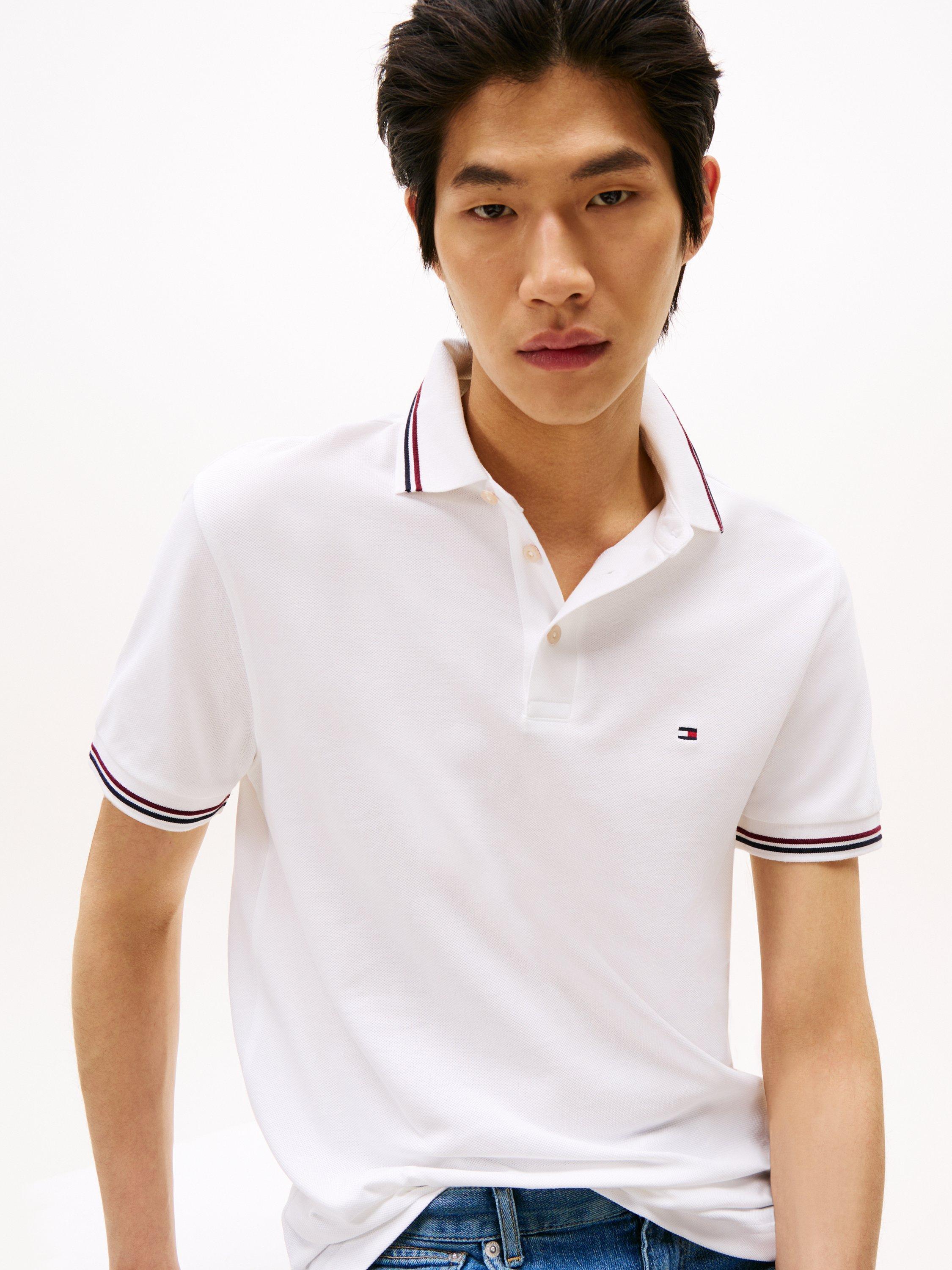 Product image 4 of 5, which shows Tommy Hilfiger Cotton Blend Slim Fit Short Sleeve Tipped Polo Shirt, White, XS