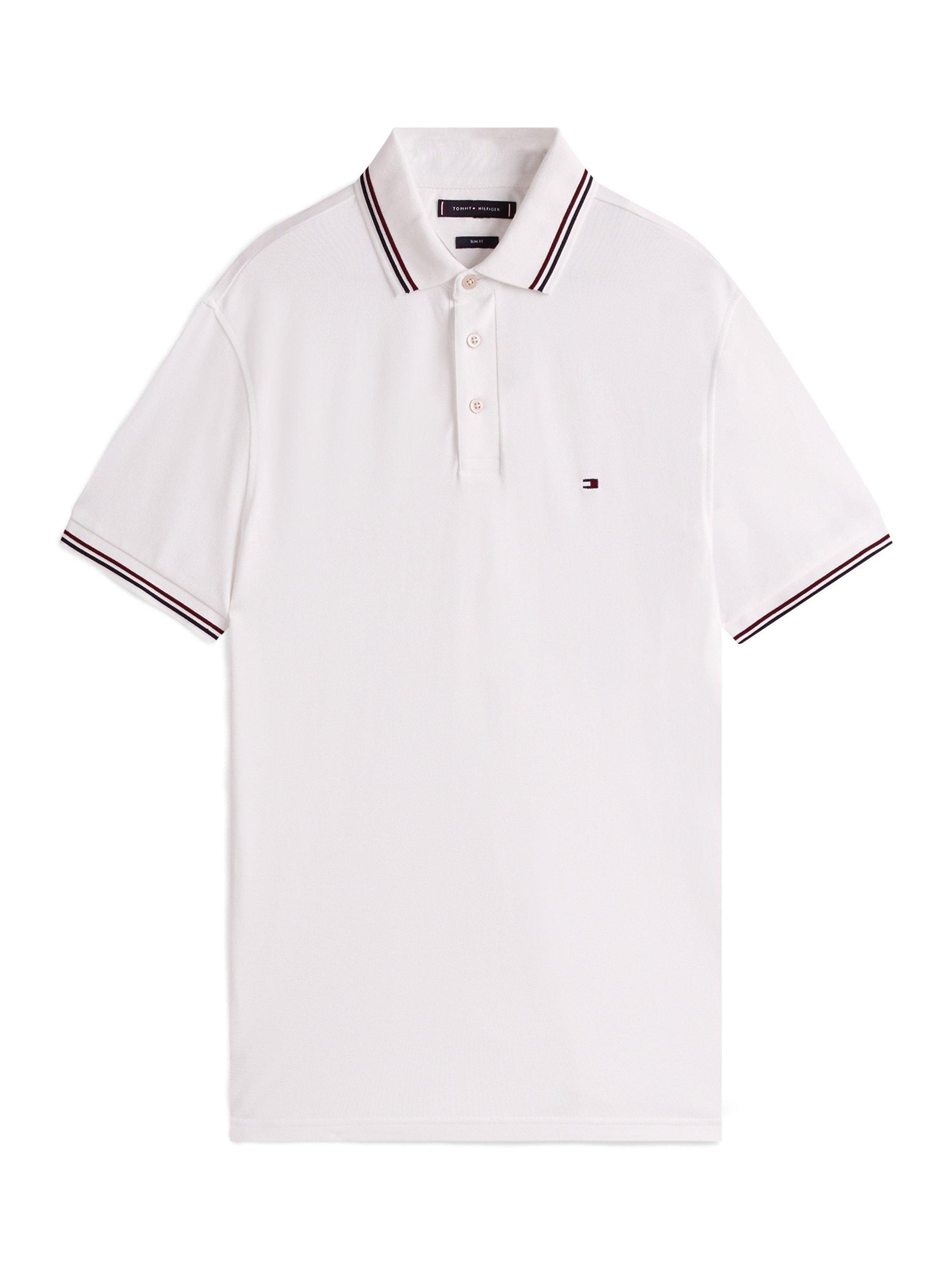 Product image 5 of 5, which shows Tommy Hilfiger Cotton Blend Slim Fit Short Sleeve Tipped Polo Shirt, White, XS