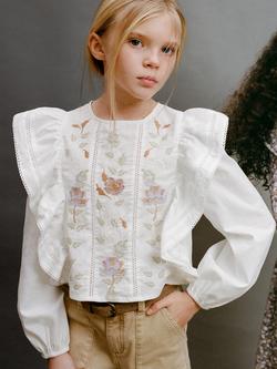 Mango Kids' Viviana Floral Embroidered Ruffle Blouse, White/Multi, White/Multi