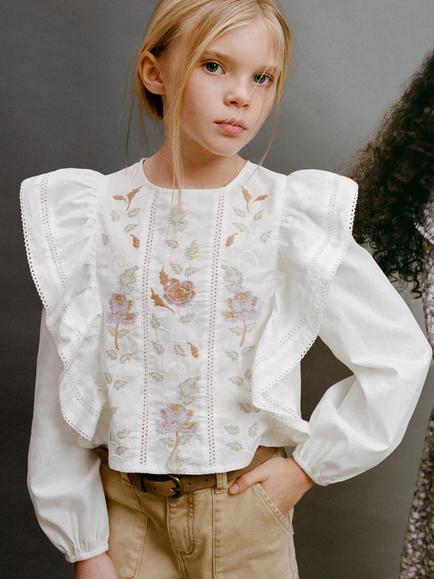 Mango Kids' Viviana Floral Embroidered Ruffle Blouse, White/Multi, White/Multi