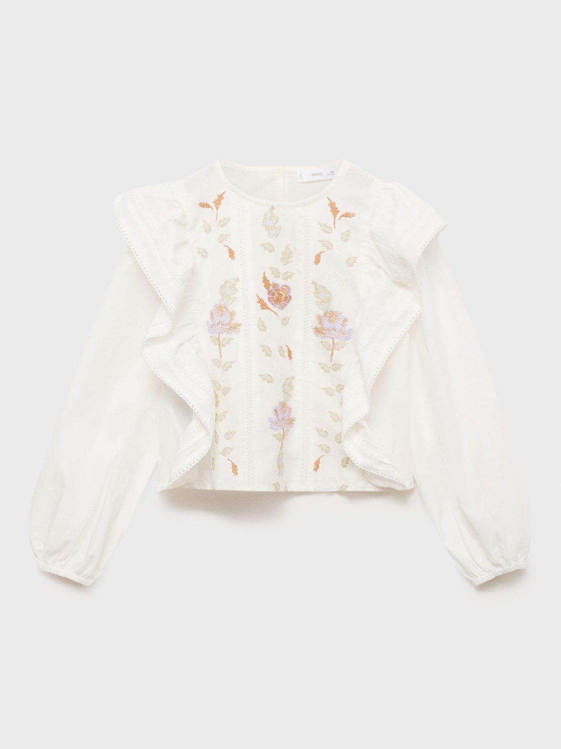 Product image 2 of 4, which shows Mango Kids' Viviana Floral Embroidered Ruffle Blouse, White/Multi, 10 years