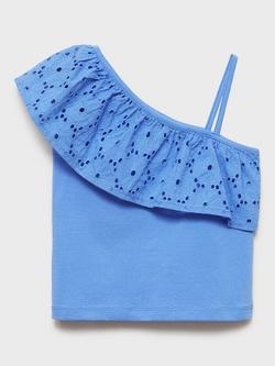 Mango Kids' Volanti Cotton One Shoulder Top, Bright Blue