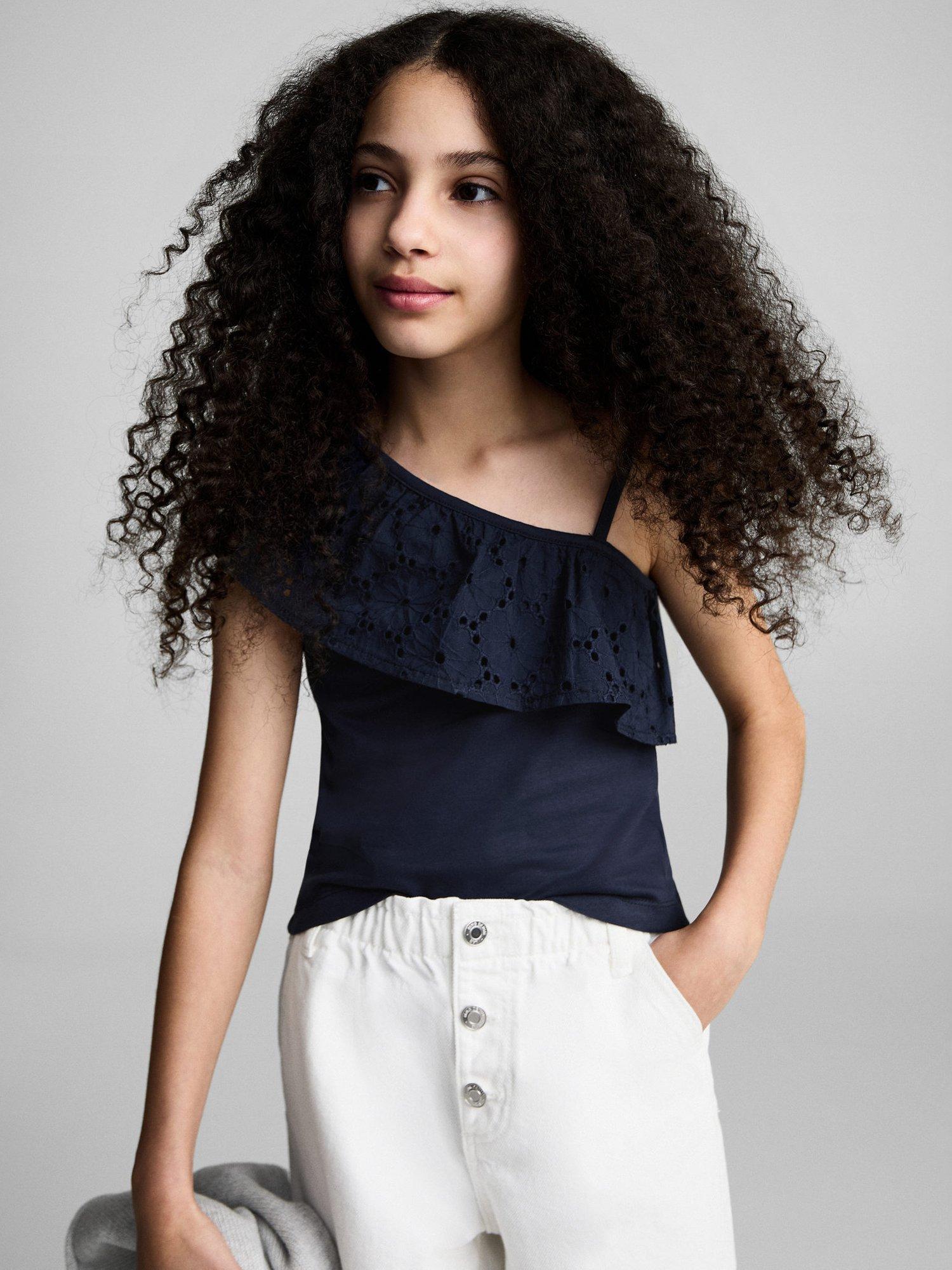 Product image 1 of 7, which shows Mango Kids' Volanti Cotton One Shoulder Top, Navy, 5-6 years