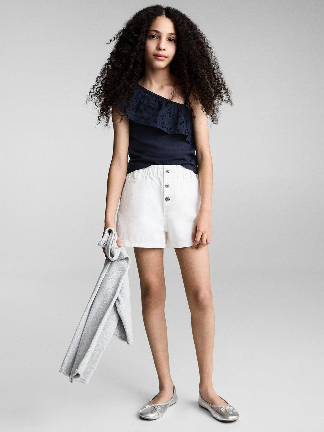 Product image 2 of 7, which shows Mango Kids' Volanti Cotton One Shoulder Top, Navy, 5-6 years