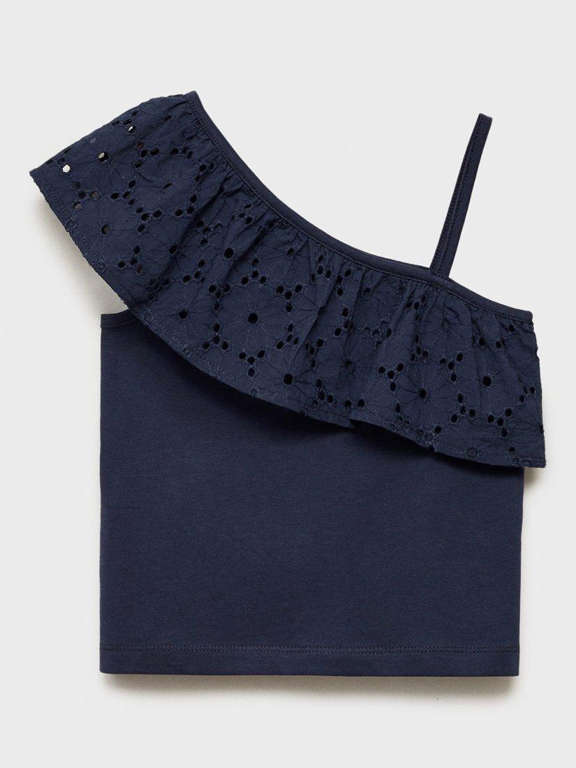 Product image 3 of 7, which shows Mango Kids' Volanti Cotton One Shoulder Top, Navy, 5-6 years