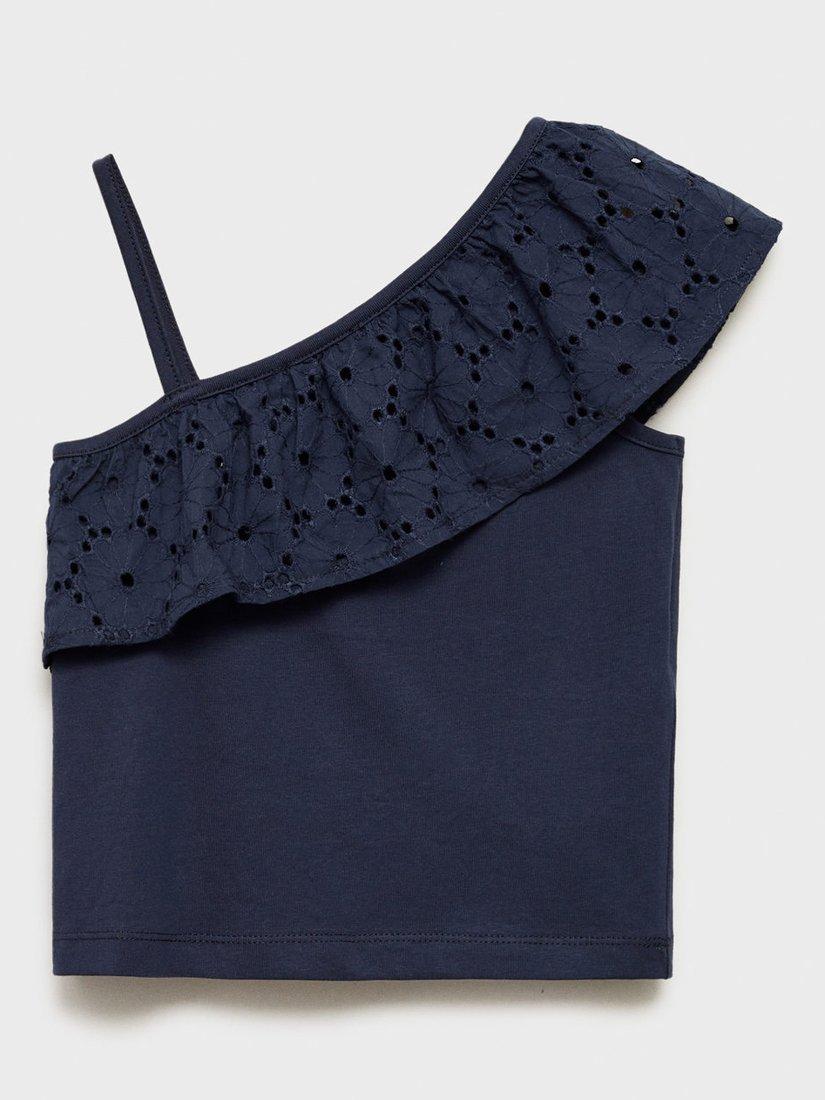 Product image 4 of 7, which shows Mango Kids' Volanti Cotton One Shoulder Top, Navy, 5-6 years