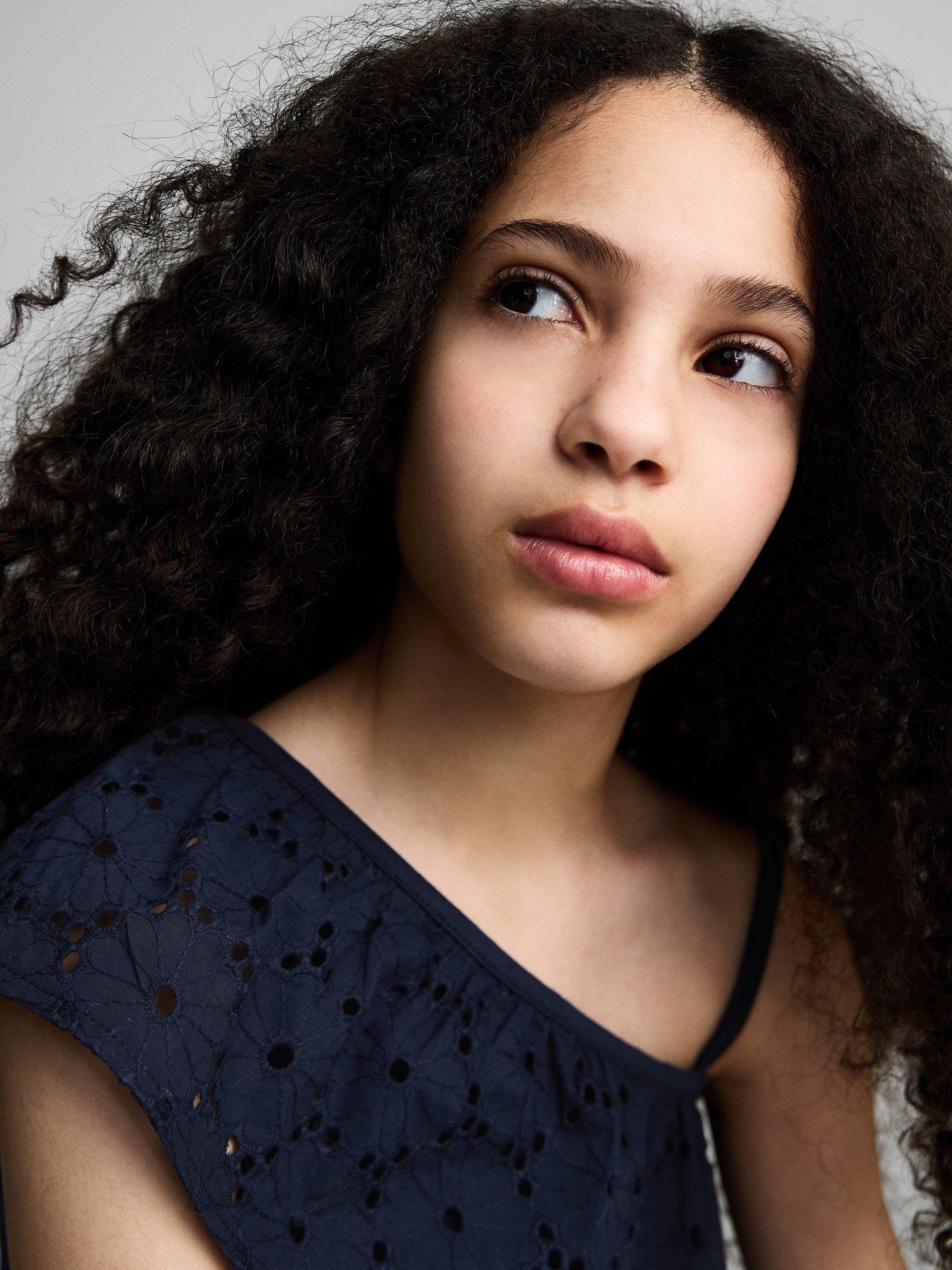 Product image 6 of 7, which shows Mango Kids' Volanti Cotton One Shoulder Top, Navy, 5-6 years