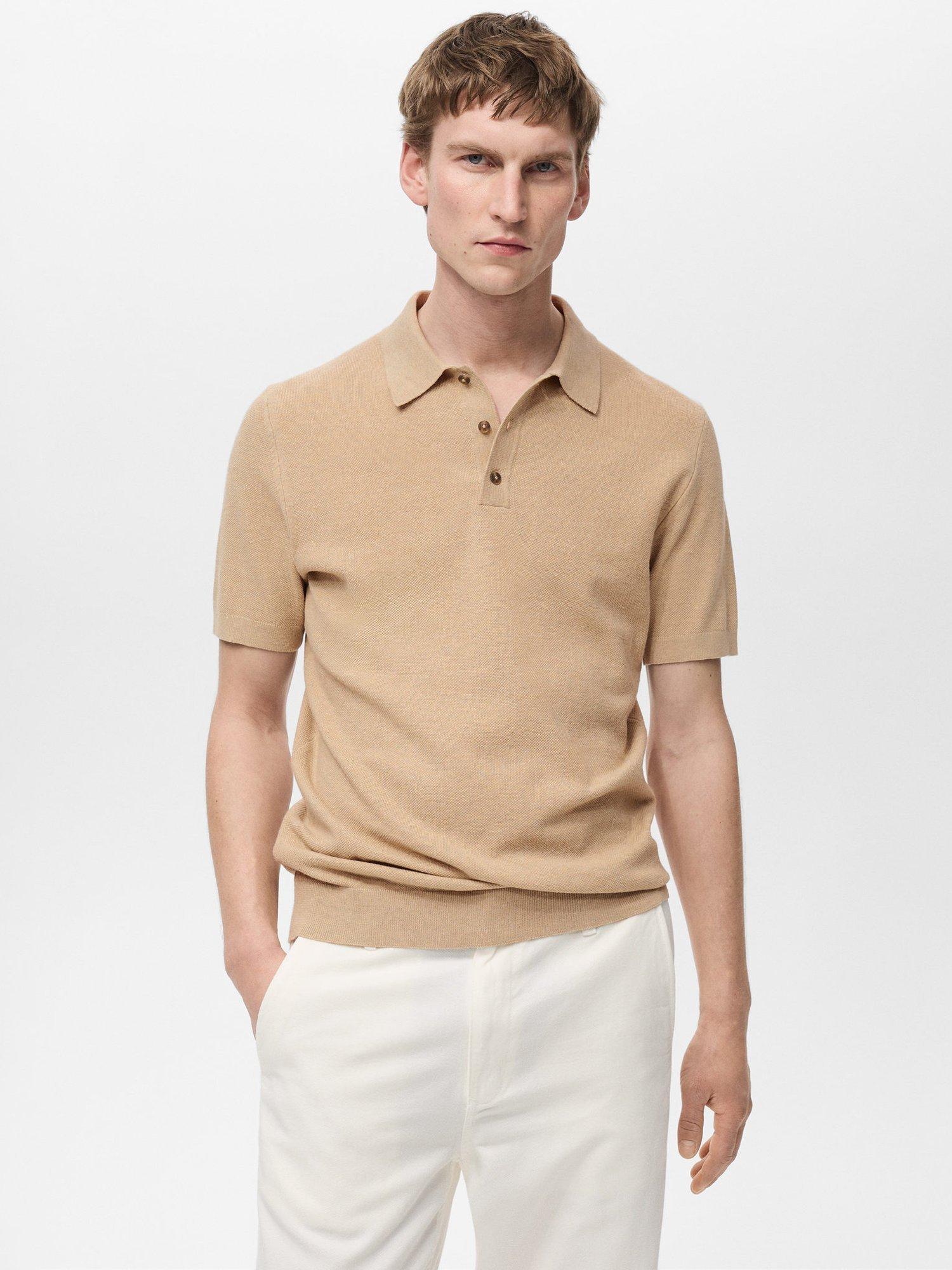 Product image 1 of 8, which shows Mango Andrew Cotton Blend Slim Fit Short Sleeve Polo Shirt, Beige, S