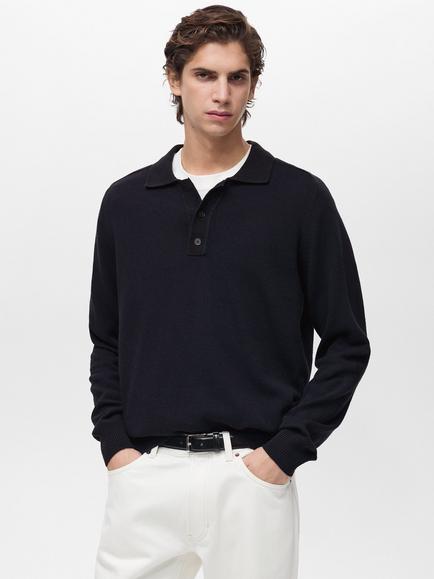Mango Daily Regular Fit Long Sleeve Polo Shirt, Dark Blue