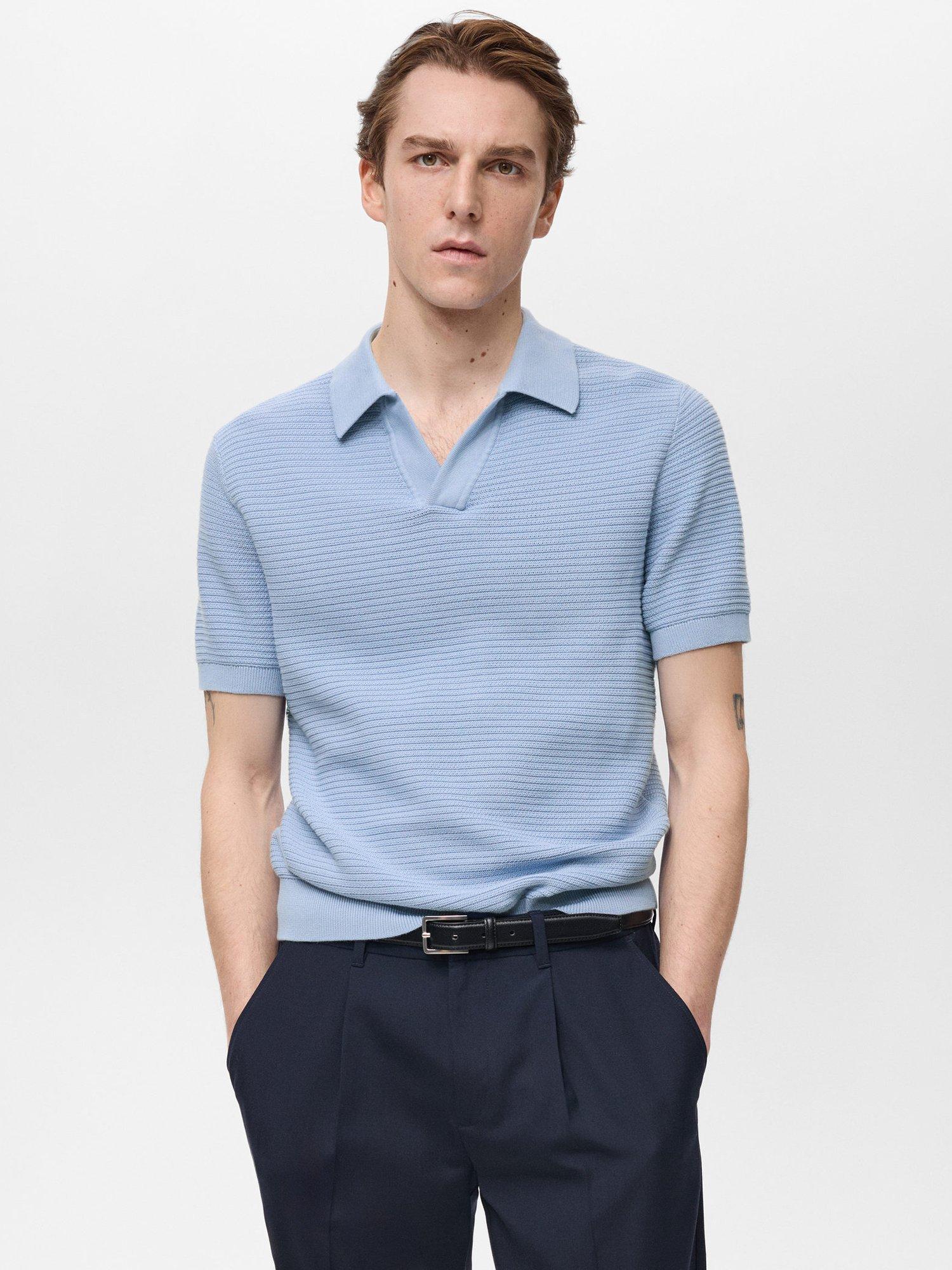 Product image 1 of 7, which shows Mango Salas Cotton Regular Fit Short Sleeve Polo Shirt, Mid Blue, S