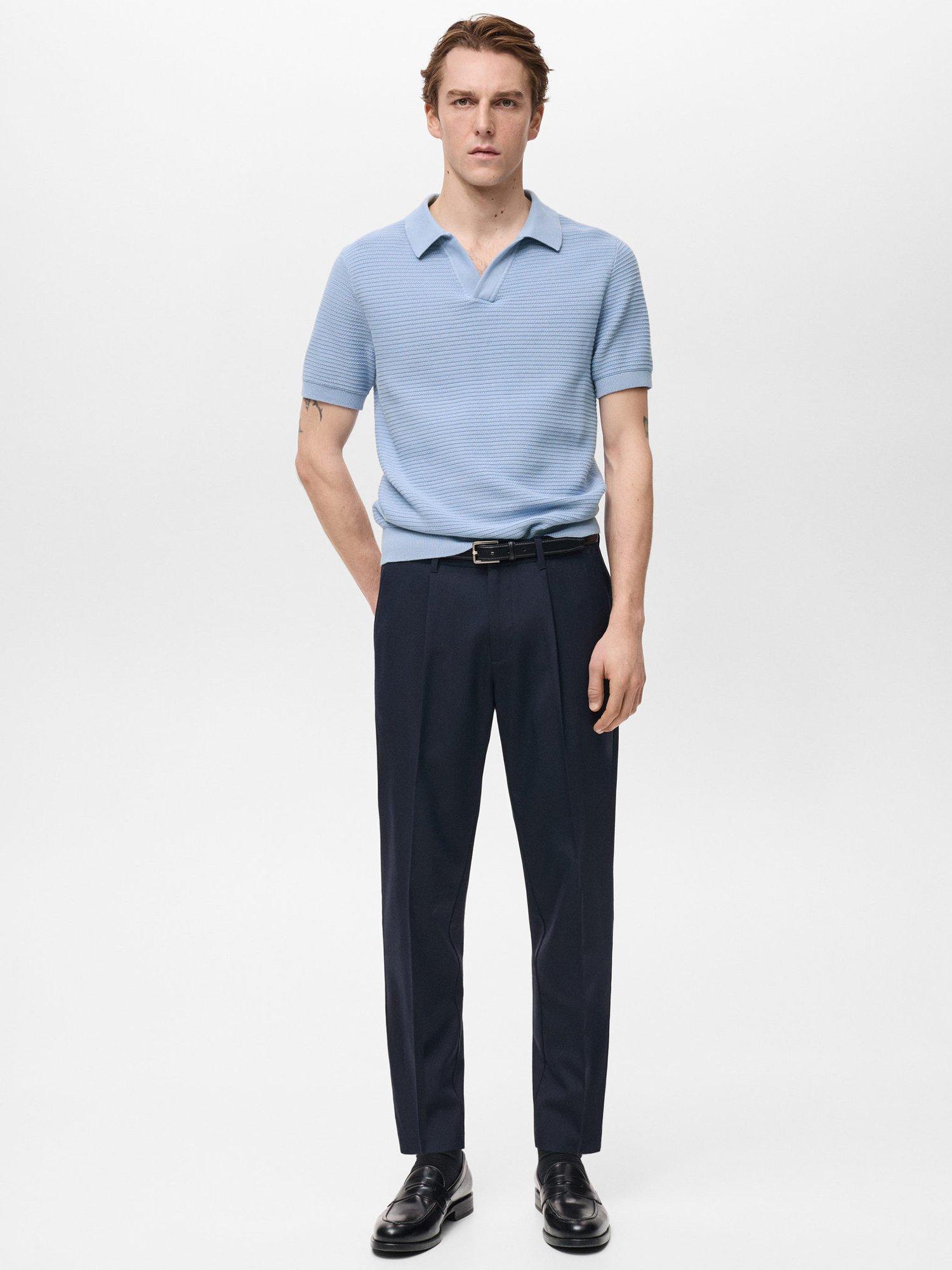 Product image 2 of 7, which shows Mango Salas Cotton Regular Fit Short Sleeve Polo Shirt, Mid Blue, S