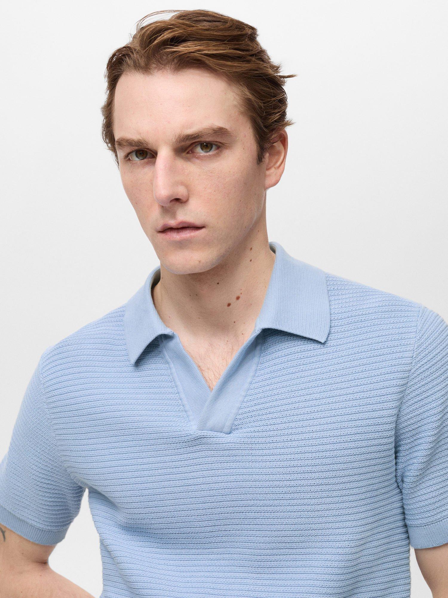 Product image 5 of 7, which shows Mango Salas Cotton Regular Fit Short Sleeve Polo Shirt, Mid Blue, S