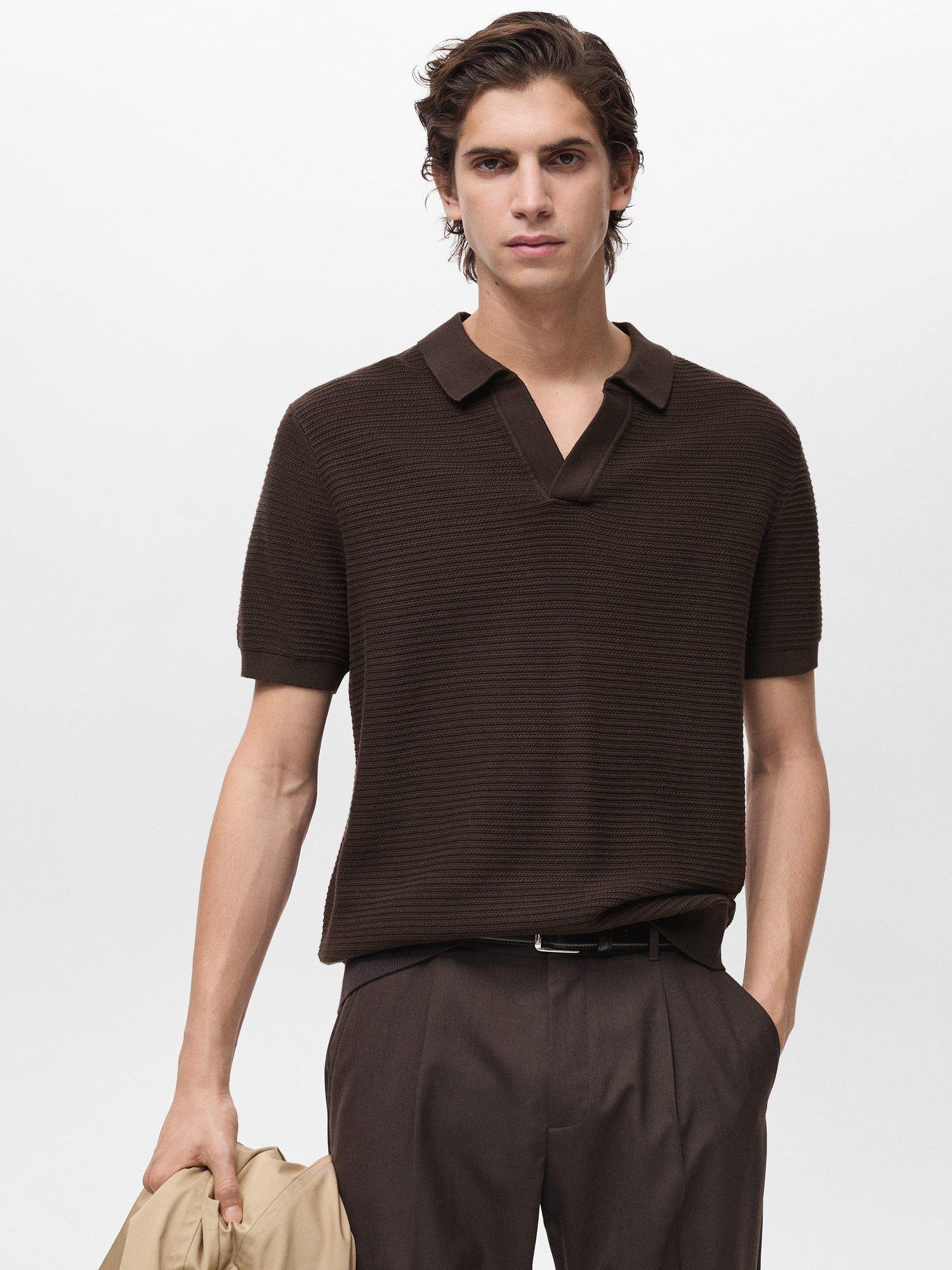 Product image 1 of 7, which shows Mango Salas Cotton Regular Fit Short Sleeve Polo Shirt, Dark Brown, S