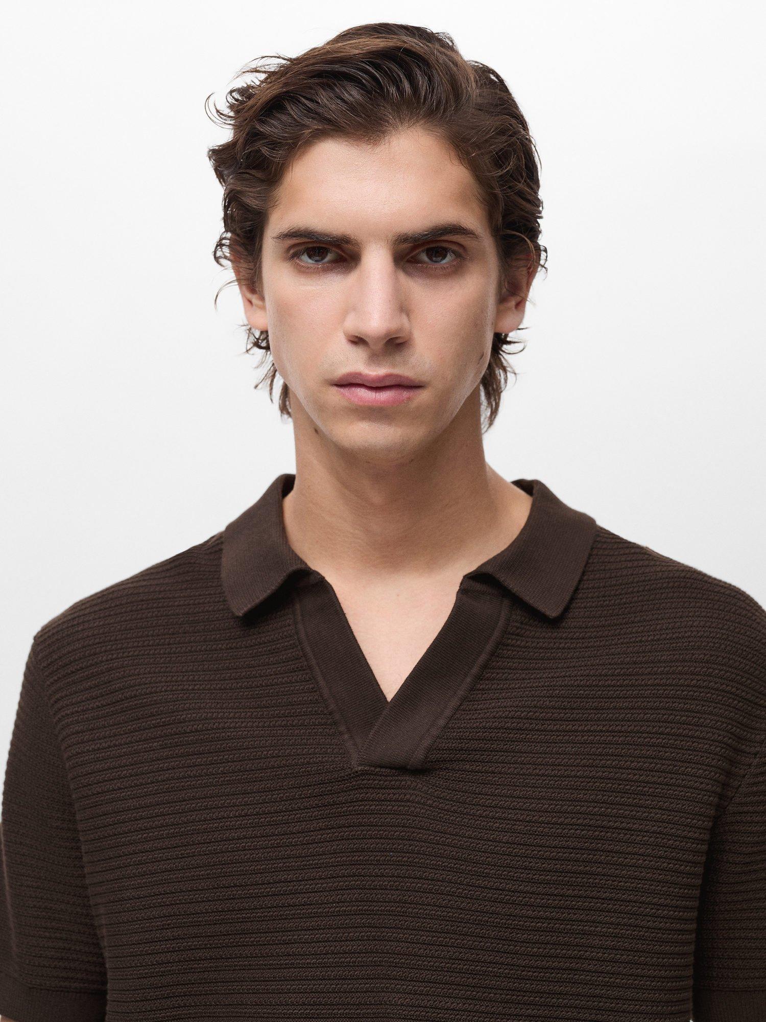 Product image 5 of 7, which shows Mango Salas Cotton Regular Fit Short Sleeve Polo Shirt, Dark Brown, S