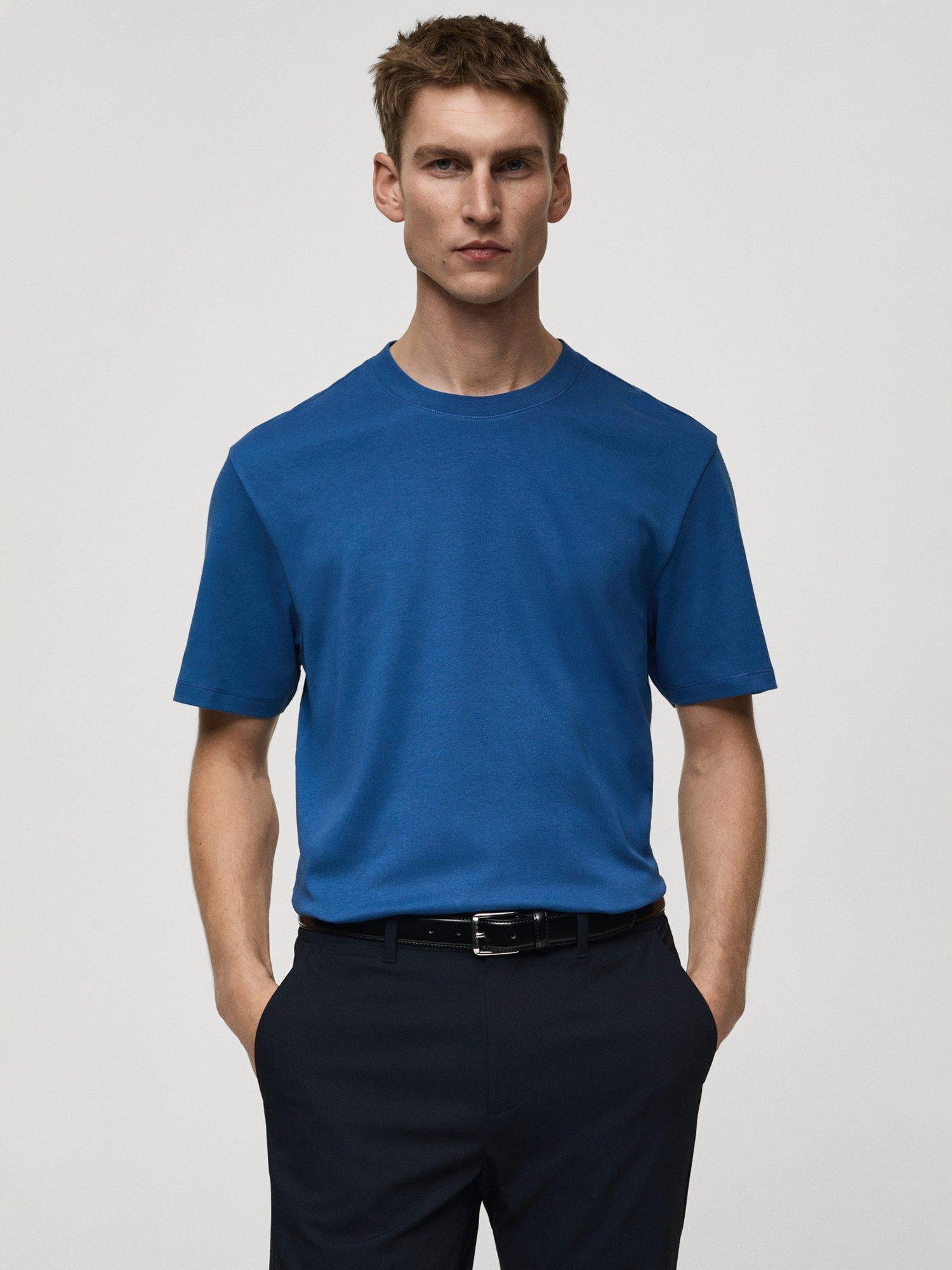 Product image 1 of 7, which shows Mango Kimi Cotton Regular Fit Short Sleeve T-Shirt, Mid Blue, L