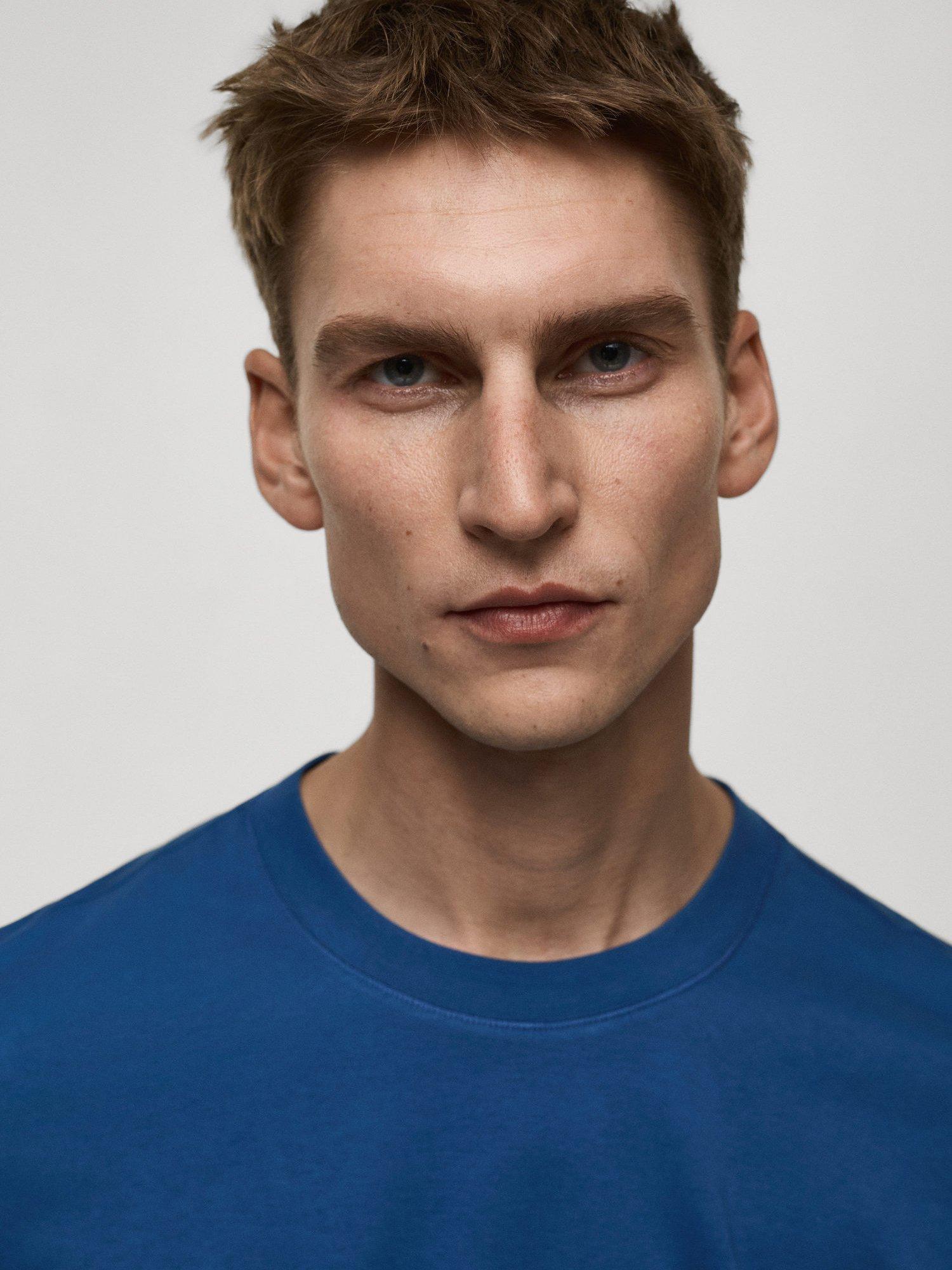 Product image 5 of 7, which shows Mango Kimi Cotton Regular Fit Short Sleeve T-Shirt, Mid Blue, L
