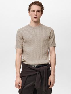 Mango Muga Cotton Regular Fit Crew Neck T-Shirt, Beige, Beige