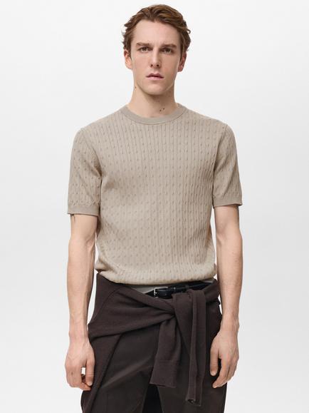 Mango Muga Cotton Regular Fit Crew Neck T-Shirt, Beige, Beige