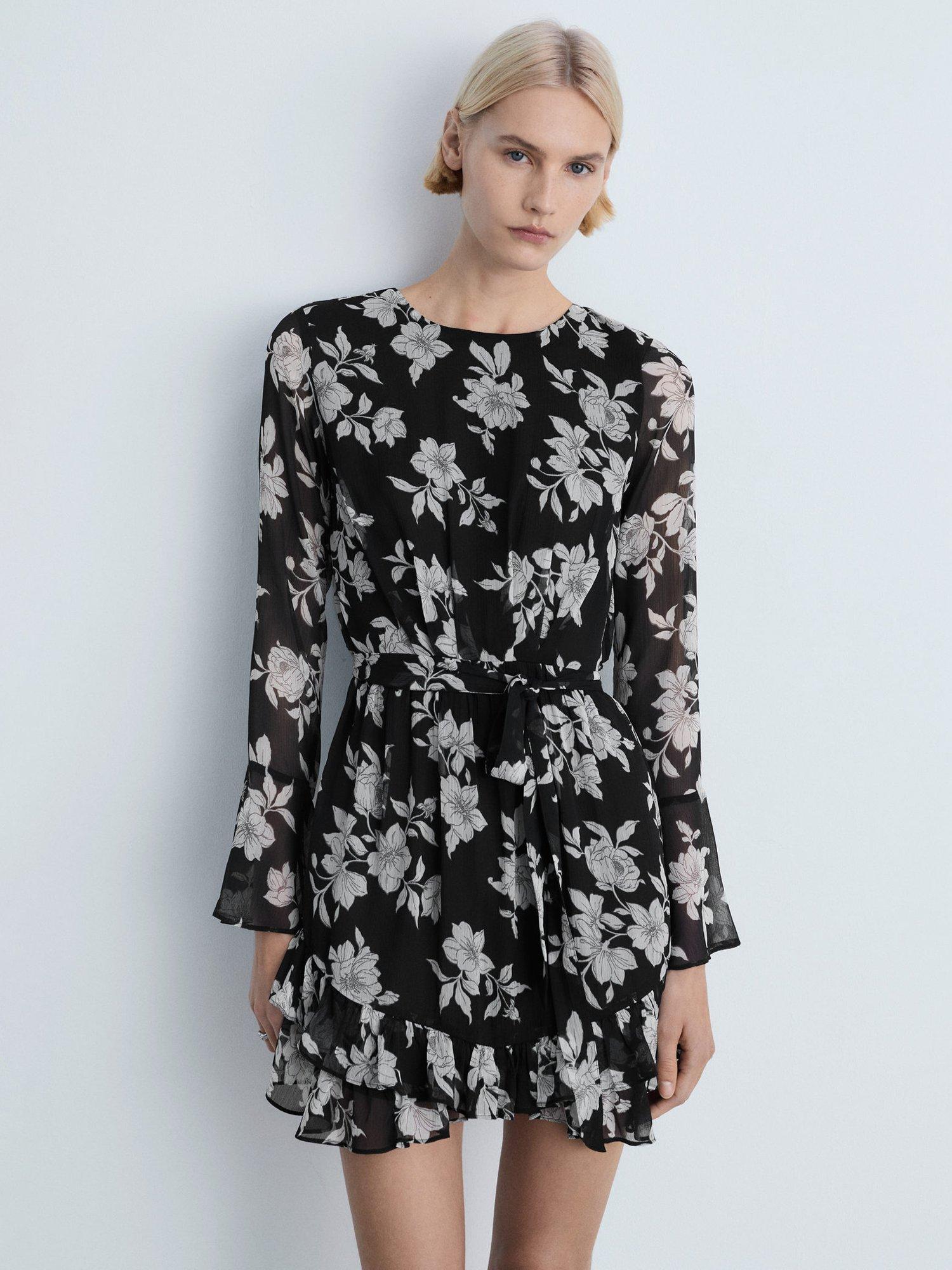 Product image 1 of 7, which shows Mango Swan Floral Belted Mini Dress, Black, 10
