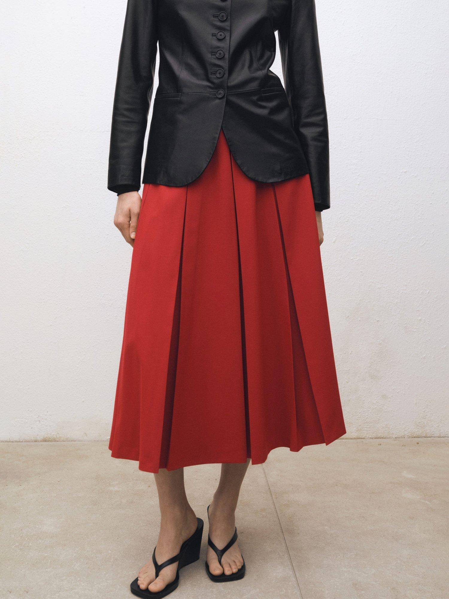 Product image 1 of 7, which shows Mango Tica Pleated Wool Blend Skirt, Red, 10