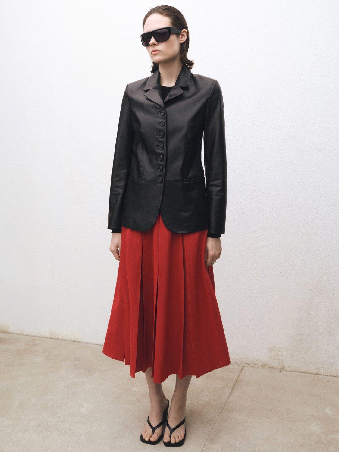 Product image 2 of 7, which shows Mango Tica Pleated Wool Blend Skirt, Red, 10