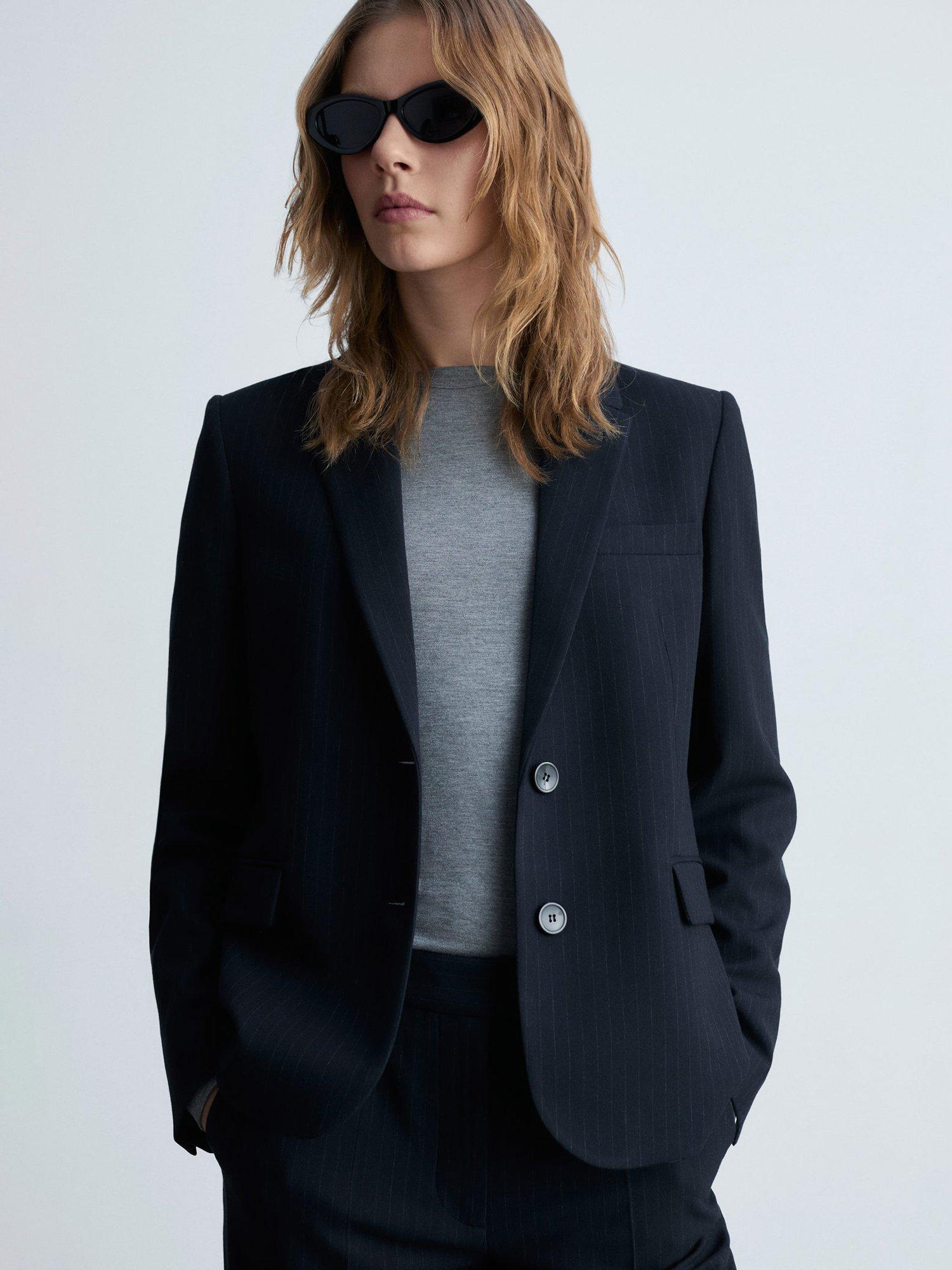 Product image 1 of 7, which shows Mango Bergen Pinstripe Blazer, Navy, XXS