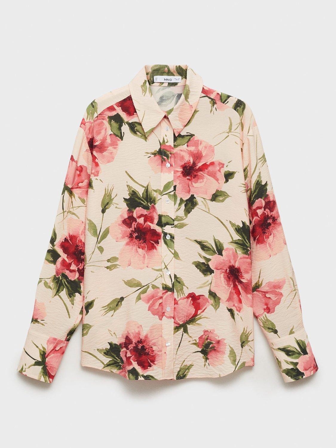 Product image 3 of 7, which shows Mango Floral Print Flowy Shirt, Light Beige, 4