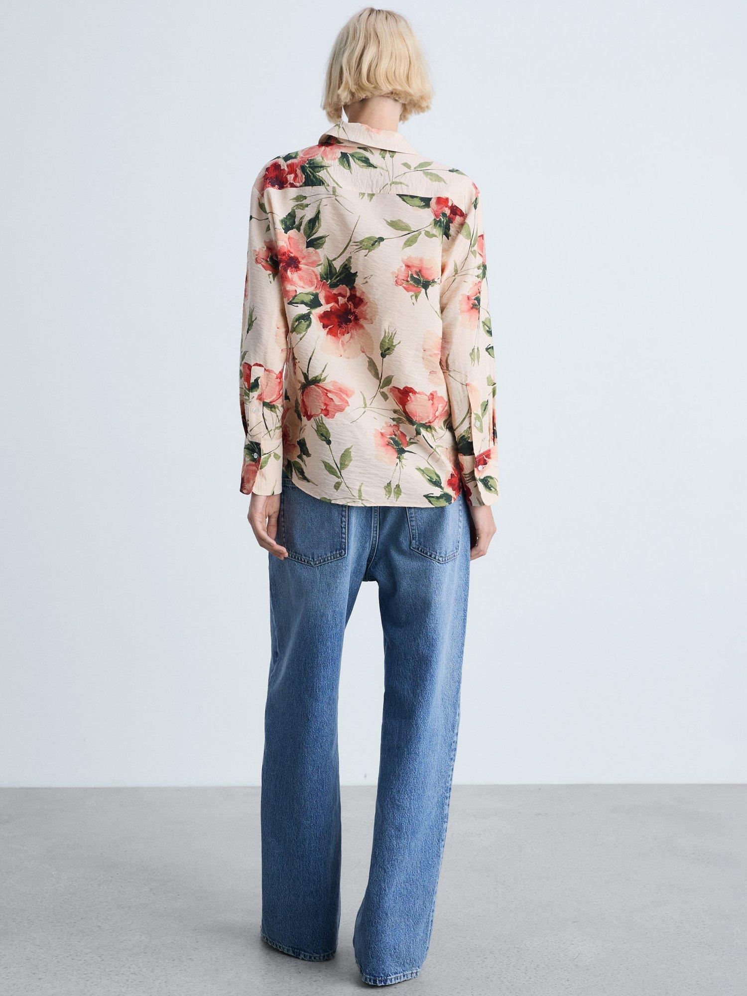 Product image 4 of 7, which shows Mango Floral Print Flowy Shirt, Light Beige, 4