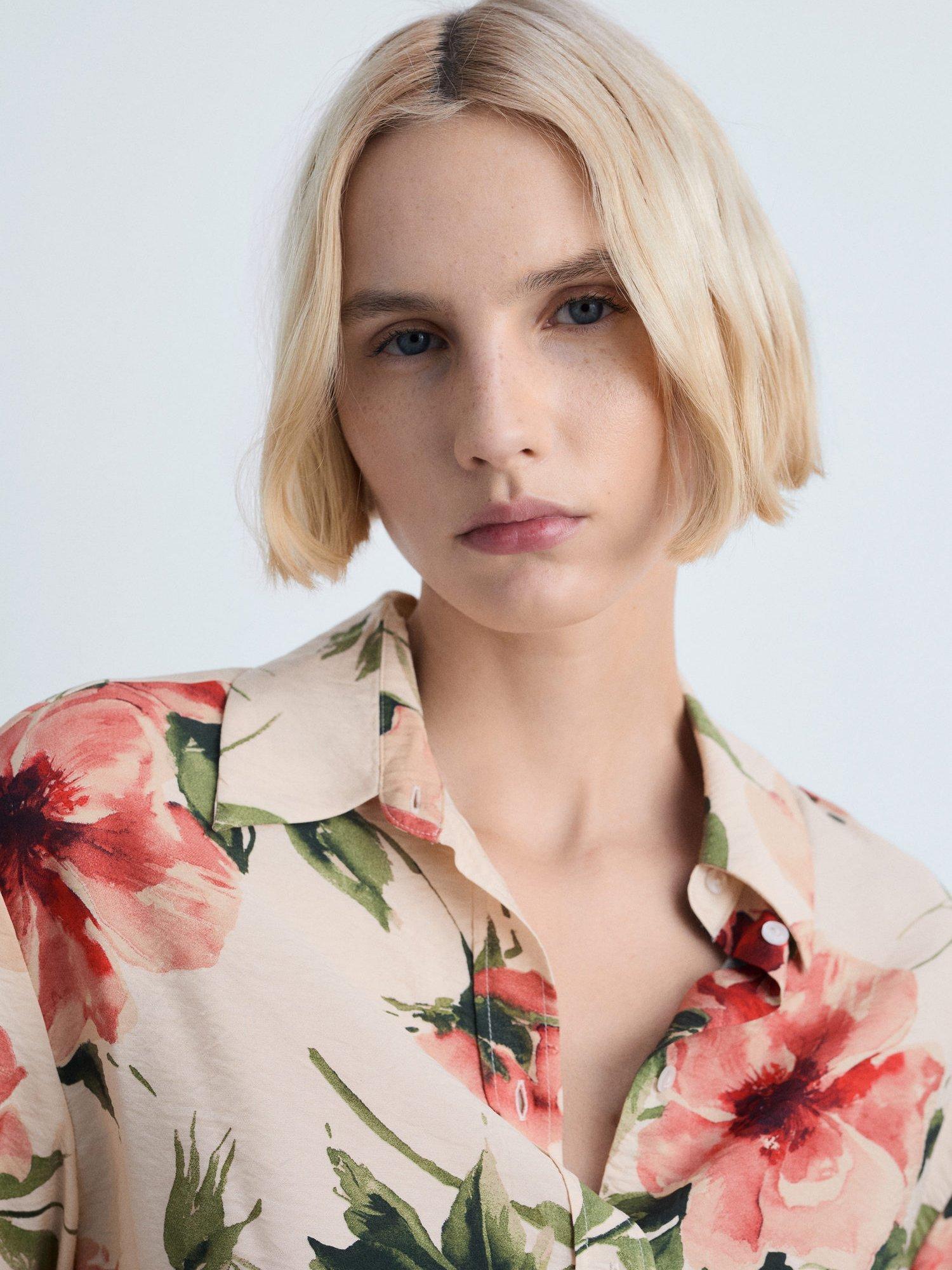 Product image 6 of 7, which shows Mango Floral Print Flowy Shirt, Light Beige, 4