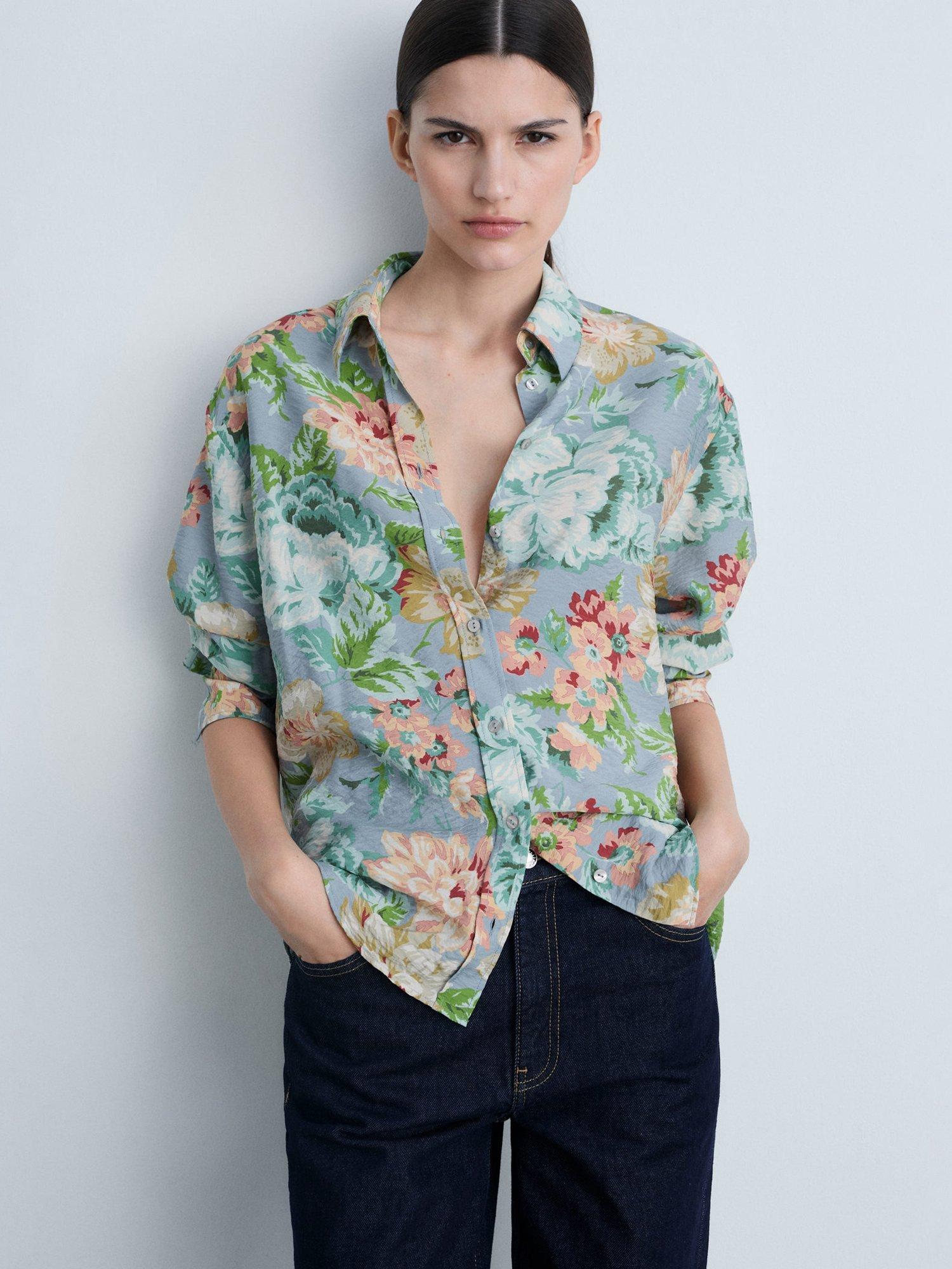 Mango Floral Print Regular Fit Shirt, Pastel Blue/Multi