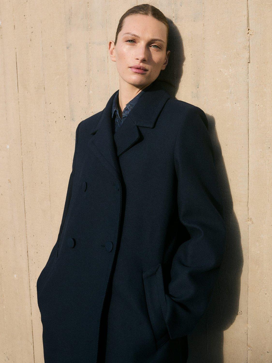 Product image 3 of 7, which shows Mango Loulou Double Breasted Coat, Navy, XS