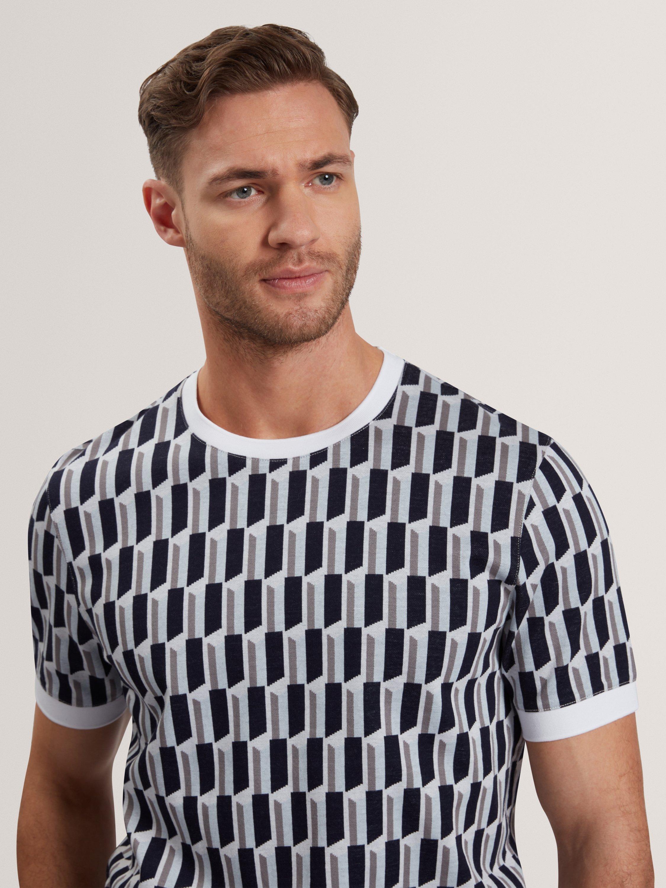 Product image 4 of 6, which shows Ted Baker Marvins Cotton Regular Fit Jacquard Stripe Geo T-Shirt, Mid Blue, XL