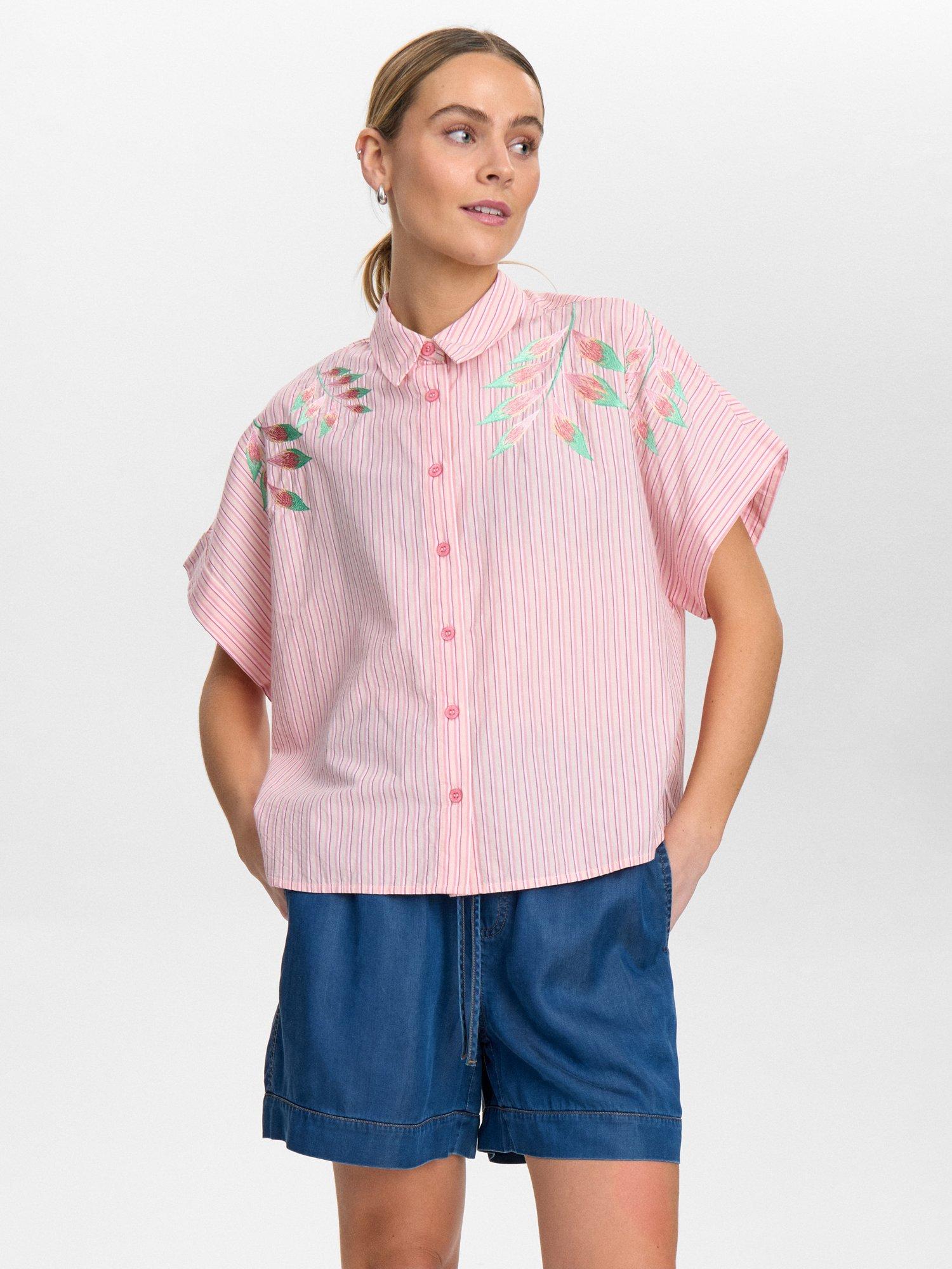 Product image 1 of 7, which shows Numph Nuulla Embroidered Stripe Cotton Shirt, Pink/Multi, 44