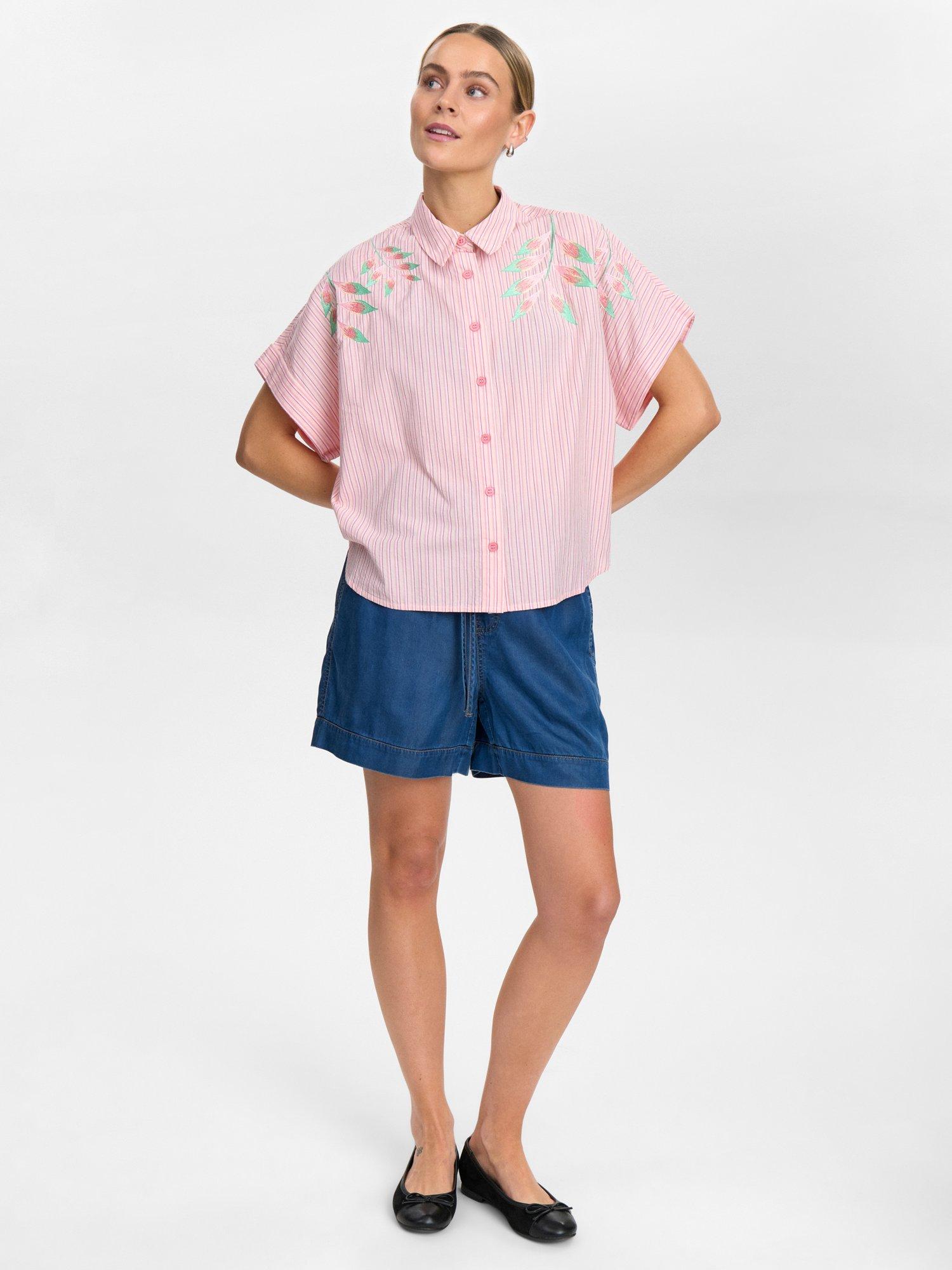Product image 3 of 7, which shows Numph Nuulla Embroidered Stripe Cotton Shirt, Pink/Multi, 44