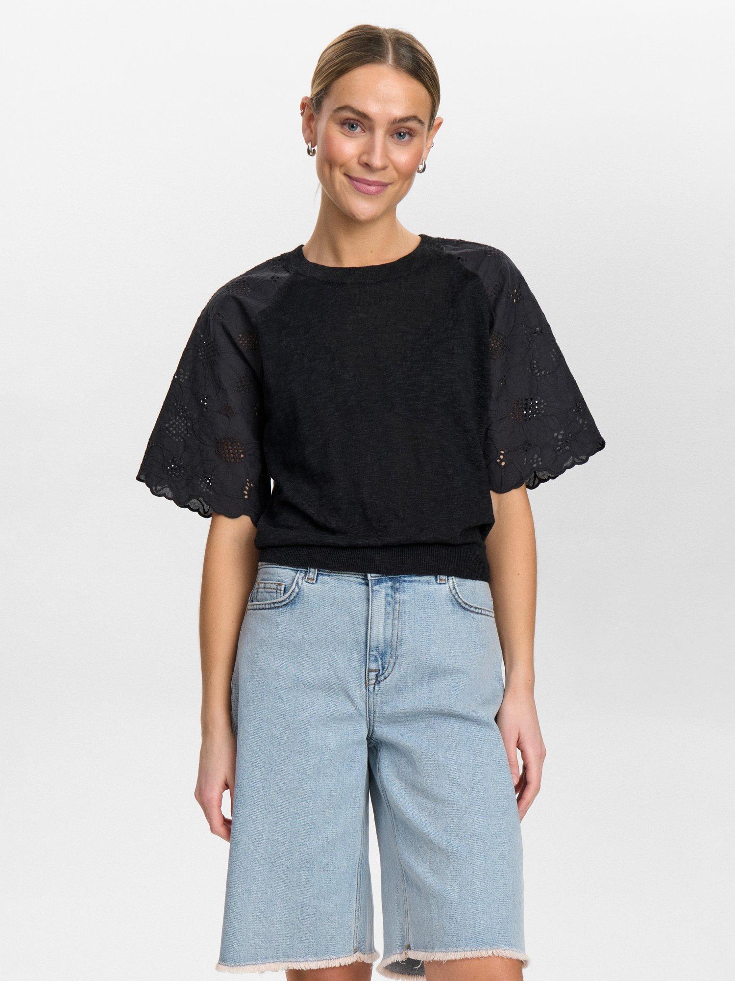 Product image 1 of 7, which shows Numph Numoella Short Sleeve Floral Cotton Blend Top, Caviar, XS