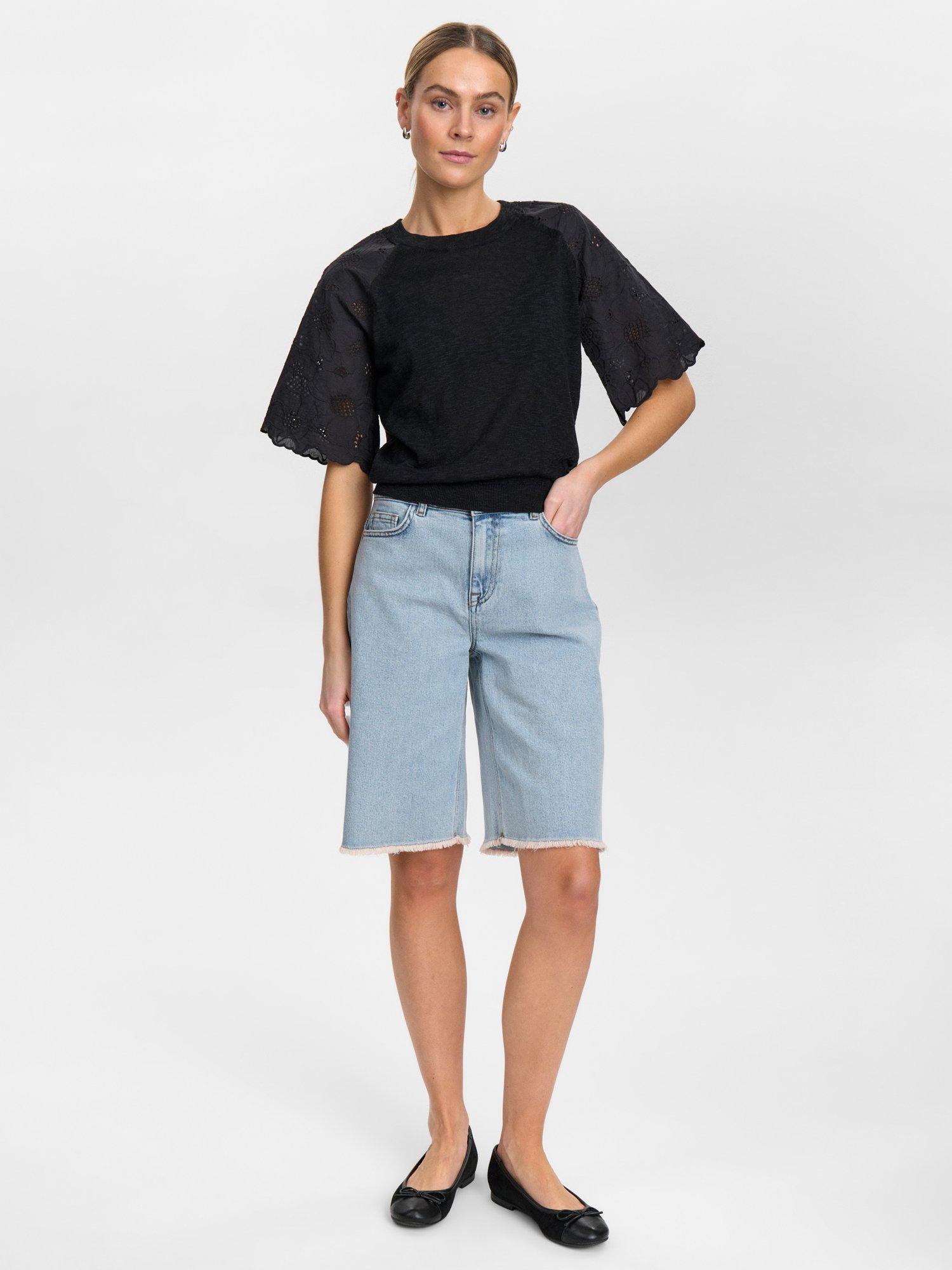 Product image 3 of 7, which shows Numph Numoella Short Sleeve Floral Cotton Blend Top, Caviar, XS