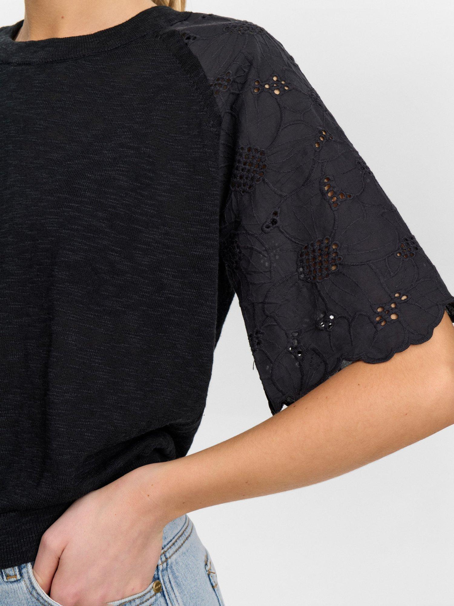 Product image 4 of 7, which shows Numph Numoella Short Sleeve Floral Cotton Blend Top, Caviar, XS