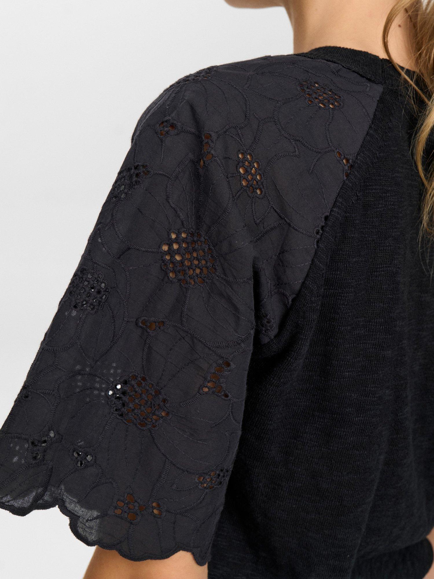 Product image 5 of 7, which shows Numph Numoella Short Sleeve Floral Cotton Blend Top, Caviar, XS