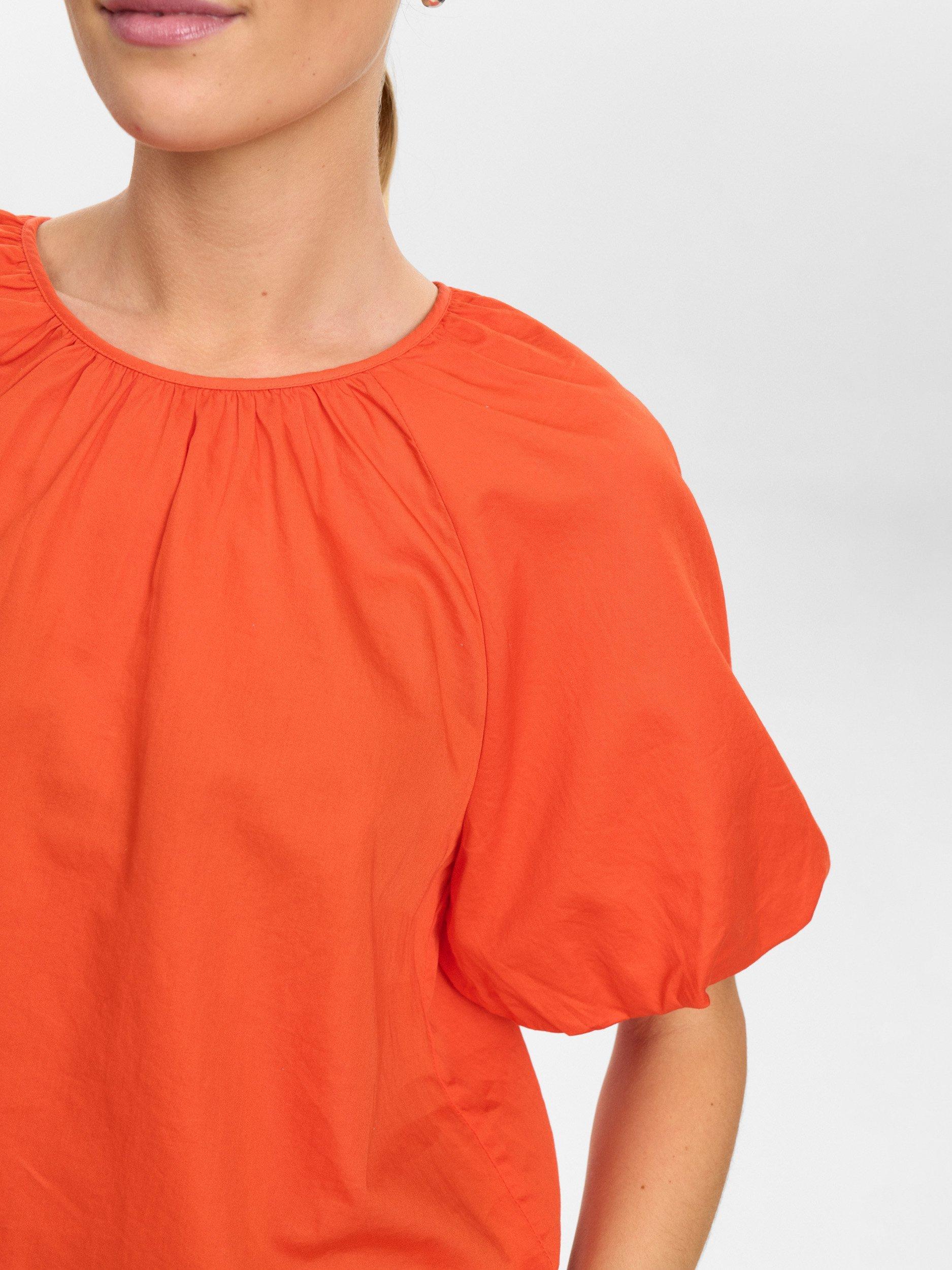 Product image 5 of 7, which shows Numph Nutrine Short Puff Sleeve Cotton Blouse, Cherry Tomato, 38