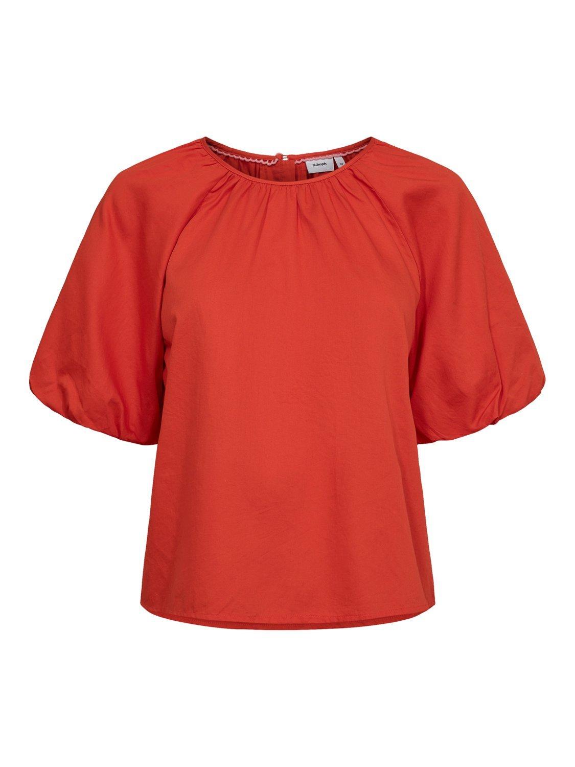 Product image 6 of 7, which shows Numph Nutrine Short Puff Sleeve Cotton Blouse, Cherry Tomato, 38