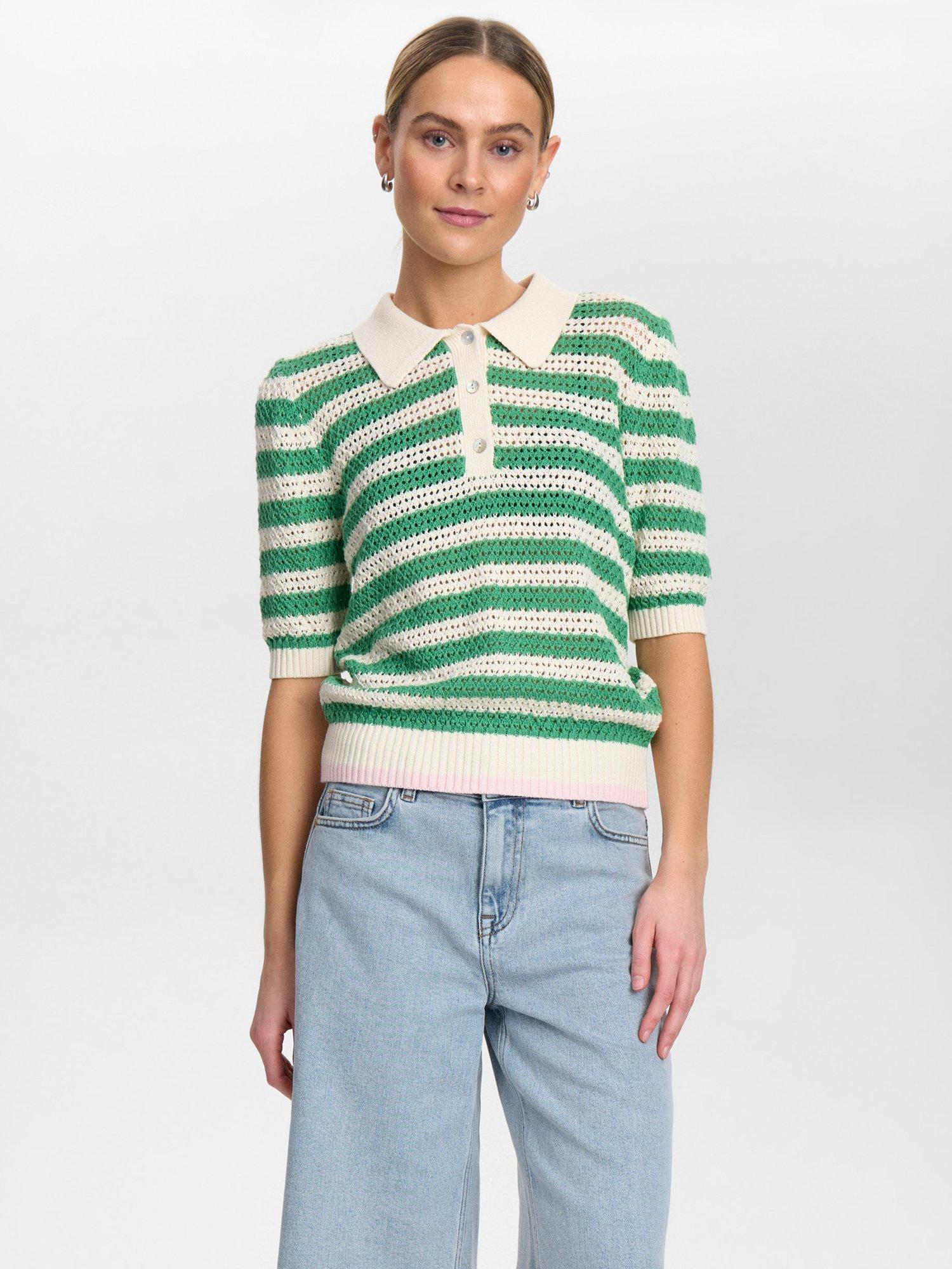 Product image 1 of 7, which shows Numph Villia Stripe Knit Top, Green/Cream, L