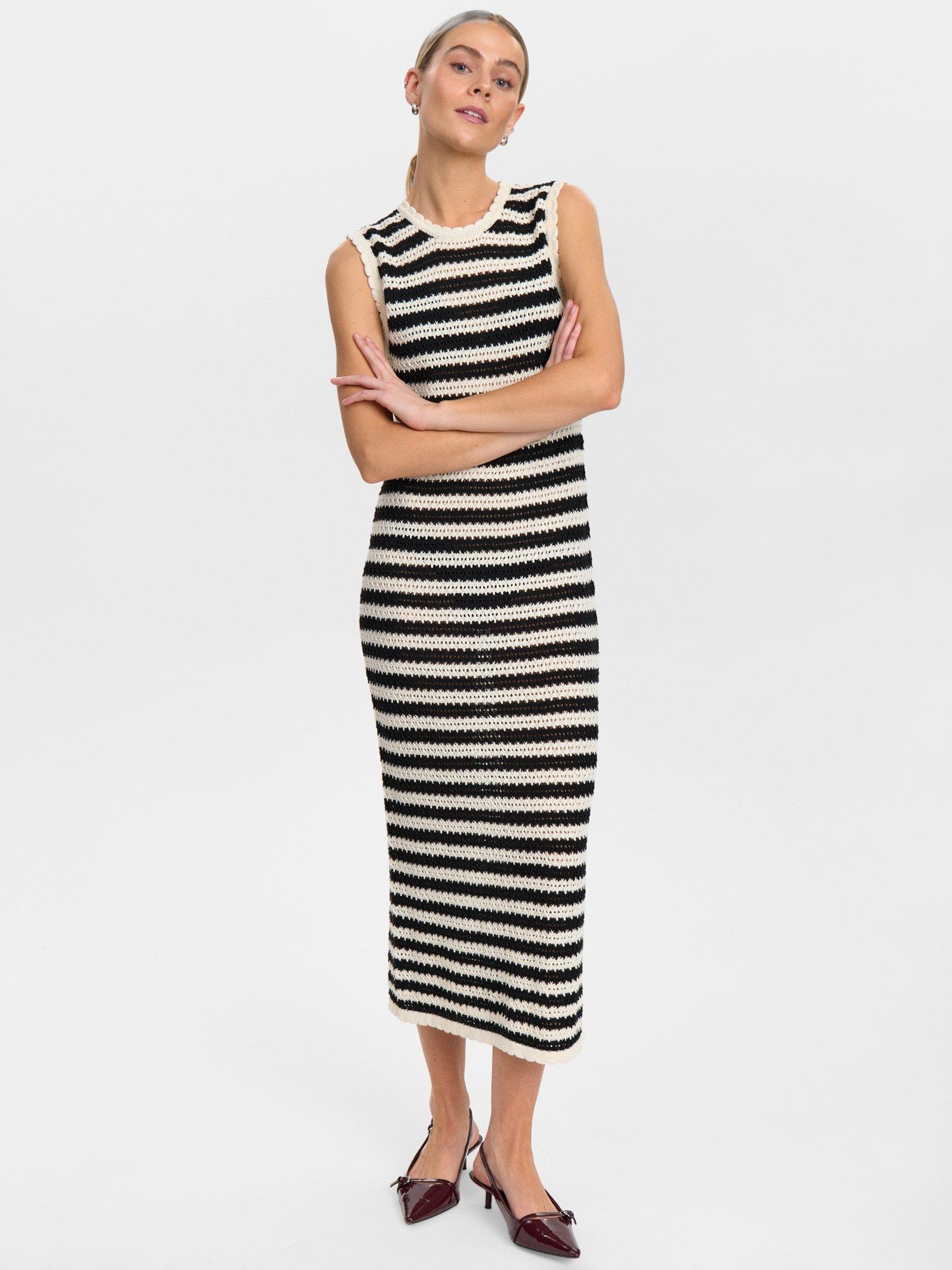 Product image 1 of 7, which shows Numph Villia Stripe Knit Dress, Black/Cream, M