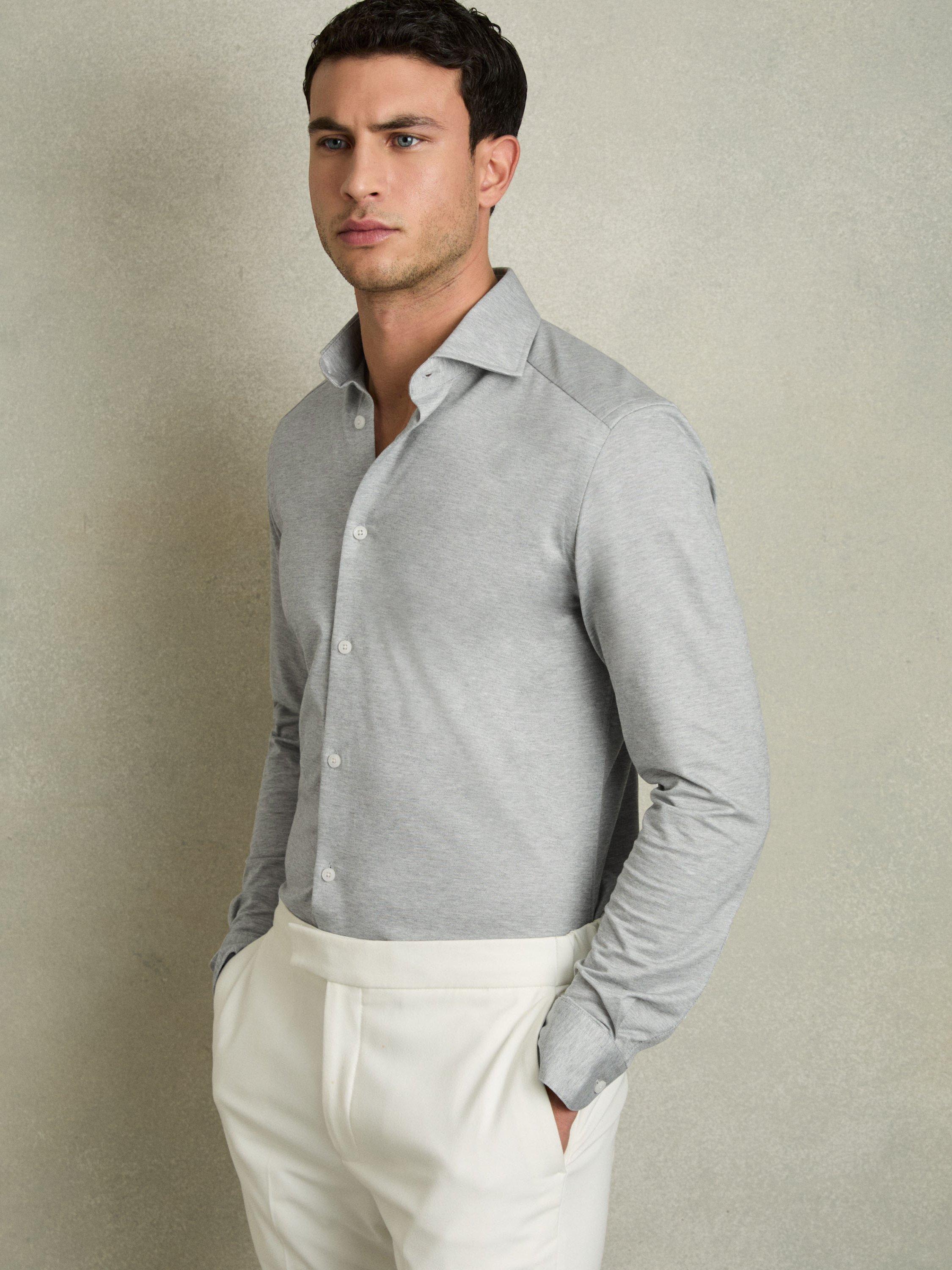 Product image 1 of 5, which shows Reiss Nate Cotton Blend Relaxed Fit Shirt, Grey Melange, XS