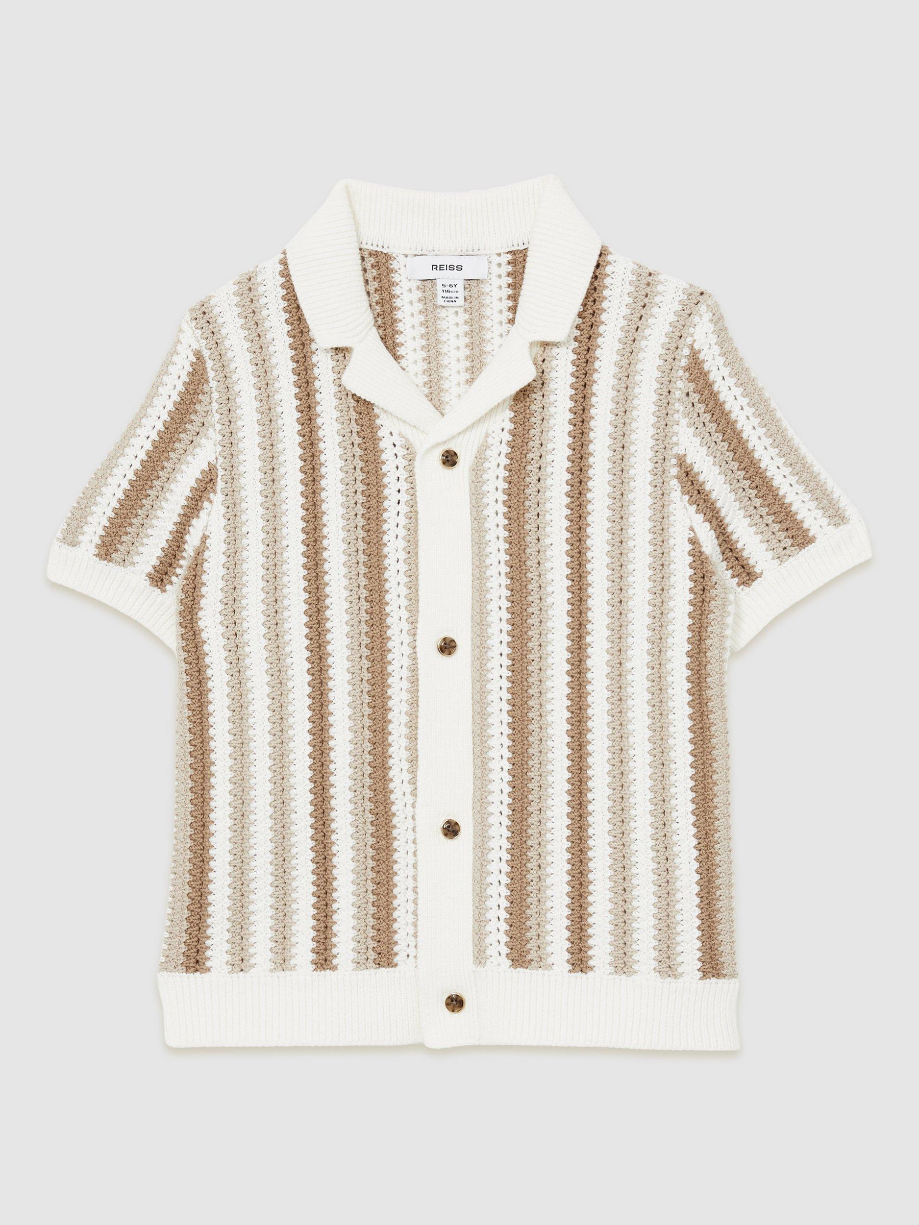 Product image 1 of 4, which shows Reiss Kids' Carrington Stripe Crochet Shirt, Natural, 3-4 years