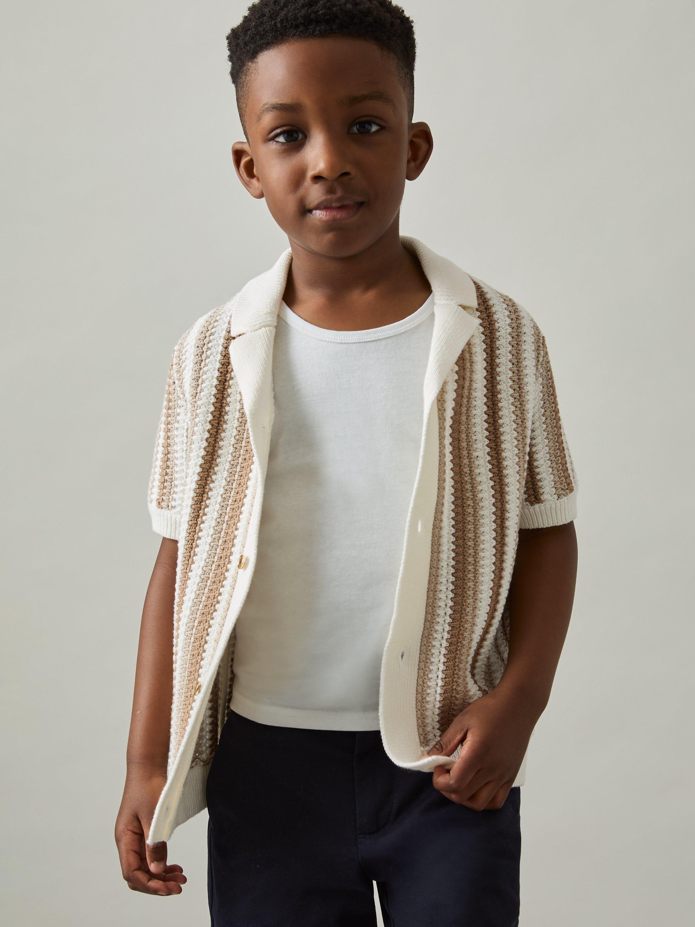 Product image 3 of 4, which shows Reiss Kids' Carrington Stripe Crochet Shirt, Natural, 3-4 years