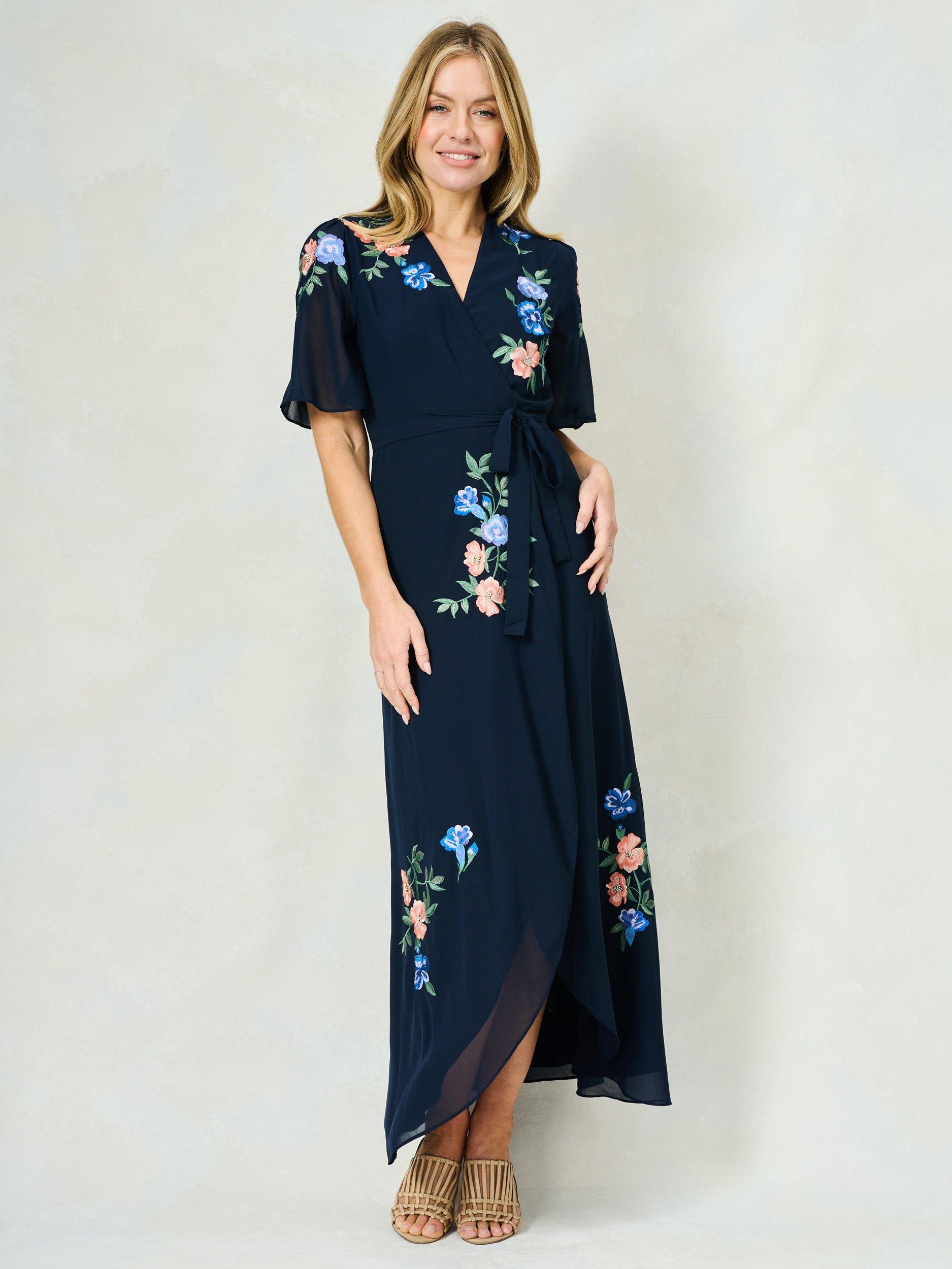Product image 1 of 5, which shows Hope & Ivy The Agatha Floral Embroidered Wrap Maxi Dress, Navy/Multi, 8
