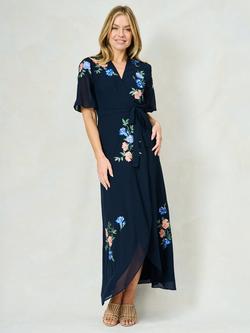 Hope & Ivy The Agatha Floral Embroidered Wrap Maxi Dress, Navy/Multi, Navy/Multi