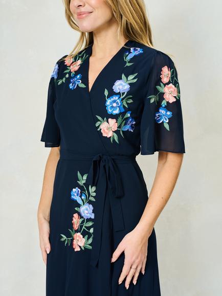 Hope & Ivy The Agatha Floral Embroidered Wrap Maxi Dress, Navy/Multi - view 2, Navy/Multi